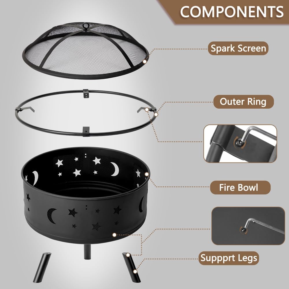 30 Inch Fire Pit, Wood Burning Fire Pits for Outside with Spark Screen and Poker, Outdoor Firepit, for Backyard, Porch, Camping, Picnic, Heating (Black)