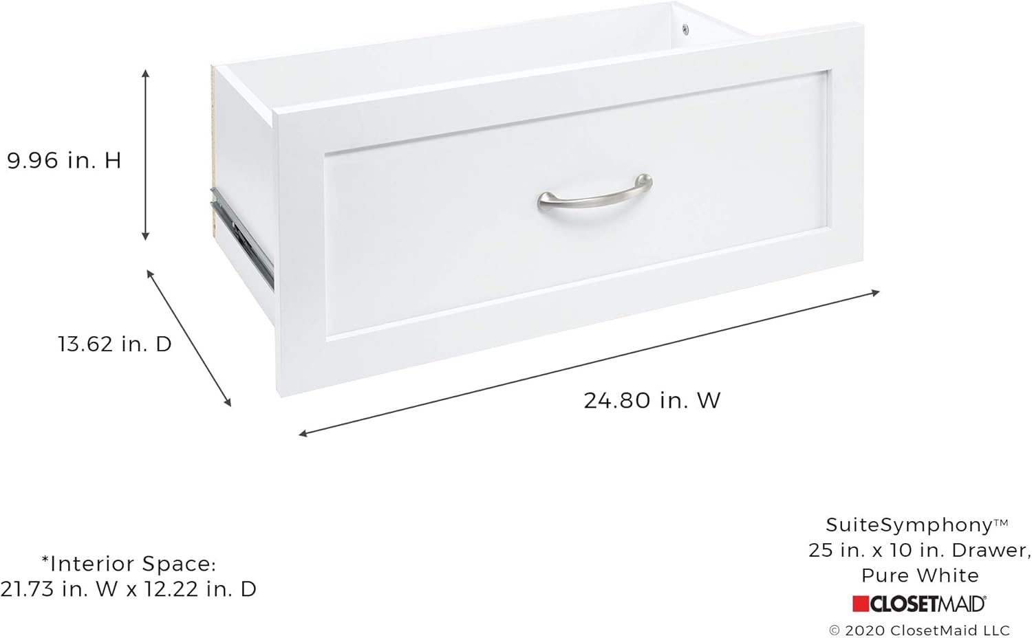 ClosetMaid SuiteSymphony Wood Closet Drawer, Add On Accessory, Shaker Style, for Storage, Closet, Clothes, 25” x 10” Size for 25 in. Units, Pure White/Satin Nickel