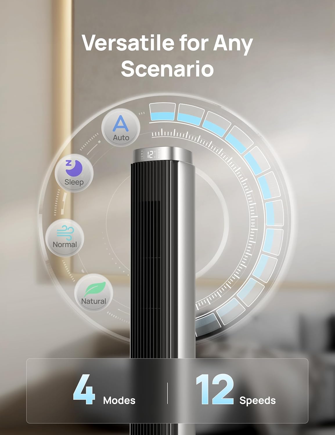 Dreo Tower Fan for Bedroom, Standing Oscillating Fan with 40ft Far Airflow, 25dB Quiet, 12 Speeds, 28ft/s Velocity, Smart Control, DC Motor, 42 inch, 90° Oscillation, 4 Modes, 12H Timer, Pilot Pro S