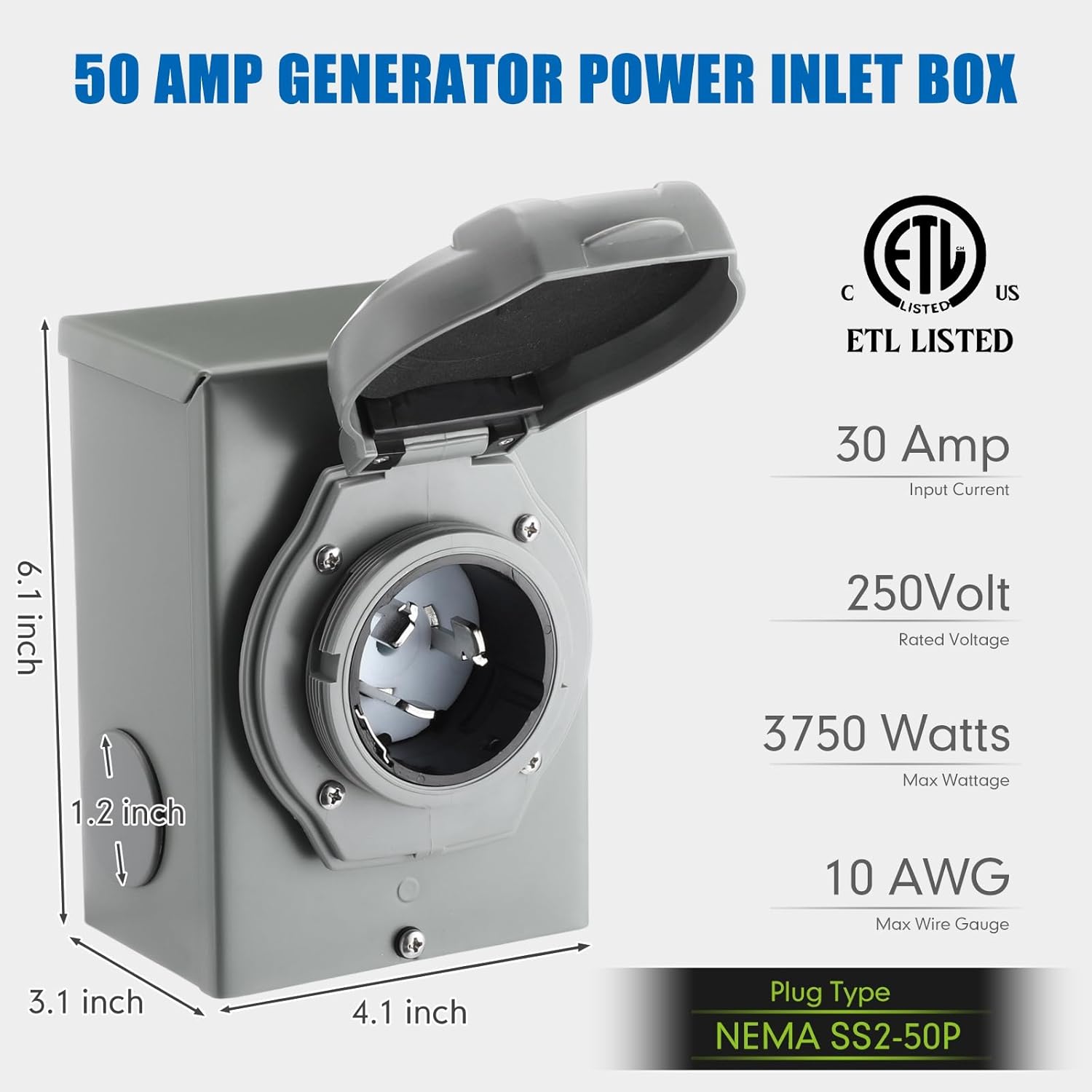 30 to 50Amp Generator Cord and Power Inlet Box, L14-30P to SS2-50R Locking Lock Connector with Pre-Drilled SS2-50P Inlet Box, Generator to House Cord Waterproof Combo Kit, ETL Listed(25ft)