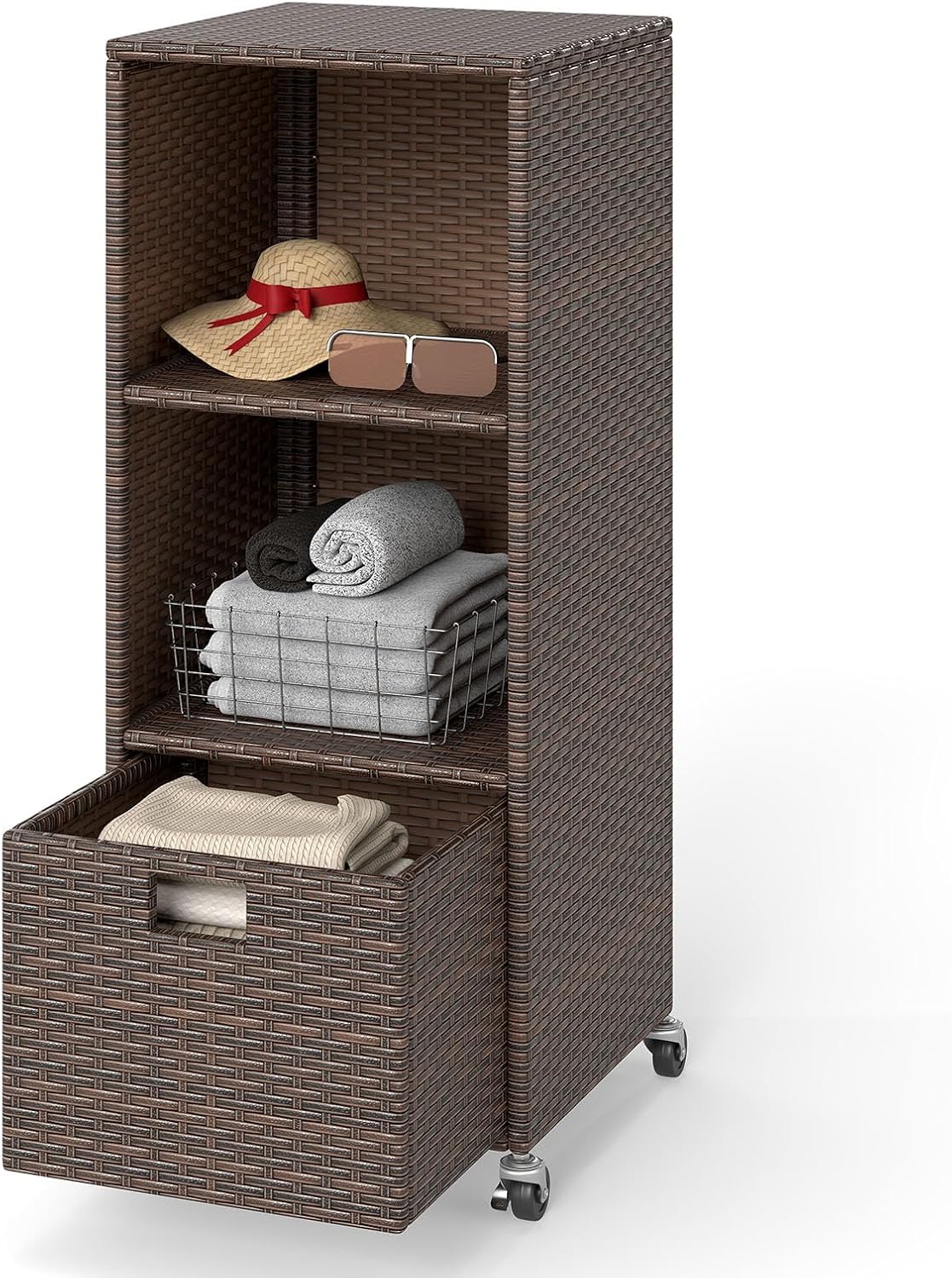 RELAX4LIFE Wicker Outdoor Storage Cabinet - Rattan Pool Towel Rack on Wheels w/Shelves and Drawer, Tall Patio Furniture Outside Caddy Organizer for Porch Deck, Garden Tool & Hot Tub Accessory Storage