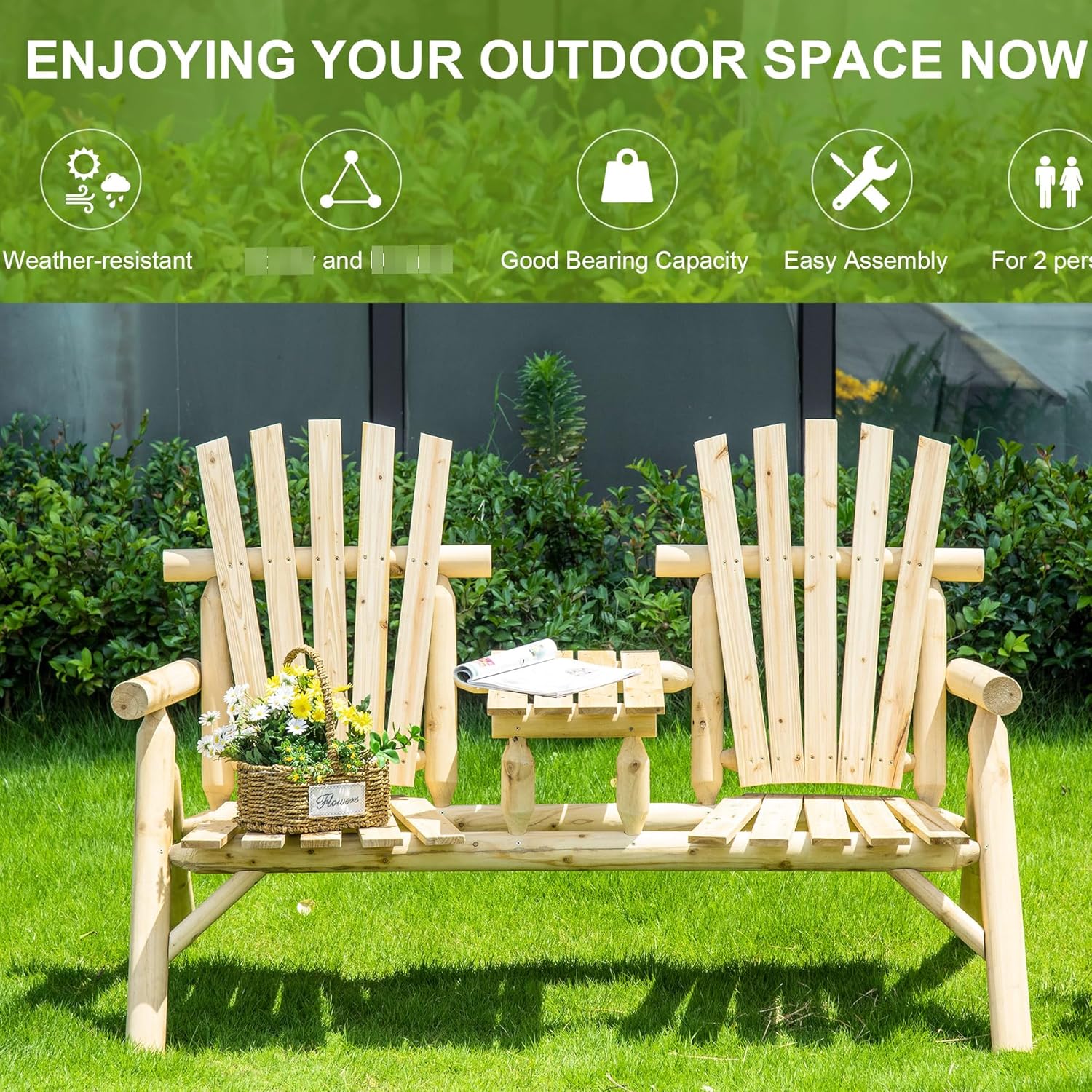 Wooden Chair with Table for Outdoor Spaces, 2 Patio Fire Pit Chair, Natural Finish Deck, Porch, Backyard Table,