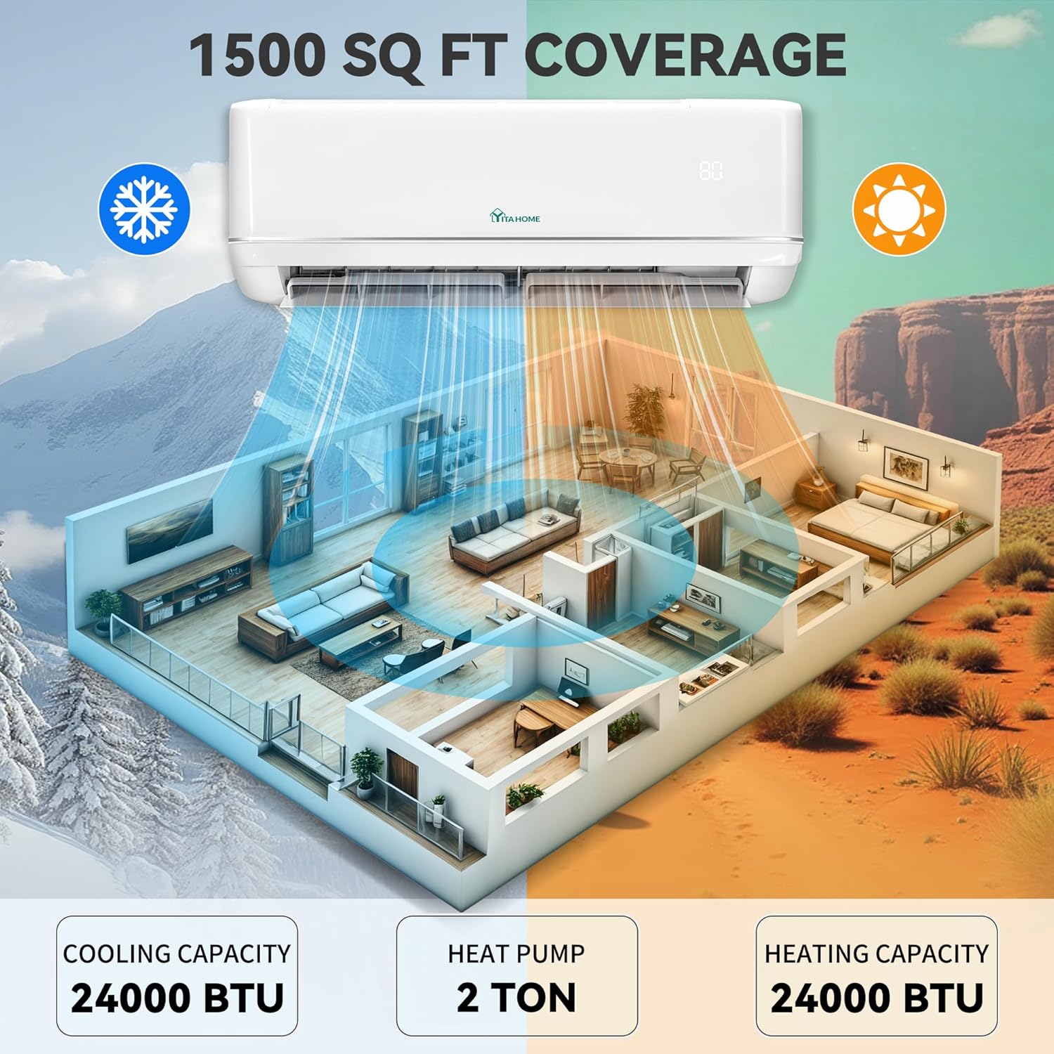 YITAHOME 24000 BTU Mini Split Air Conditioner Heat Pump System, 21 SEER2 208-230V Ductless Inverter System with Wi-Fi & Alexa Compatibility, Cover Up to 1500 Sq. Ft, Complete Installation Kit Included