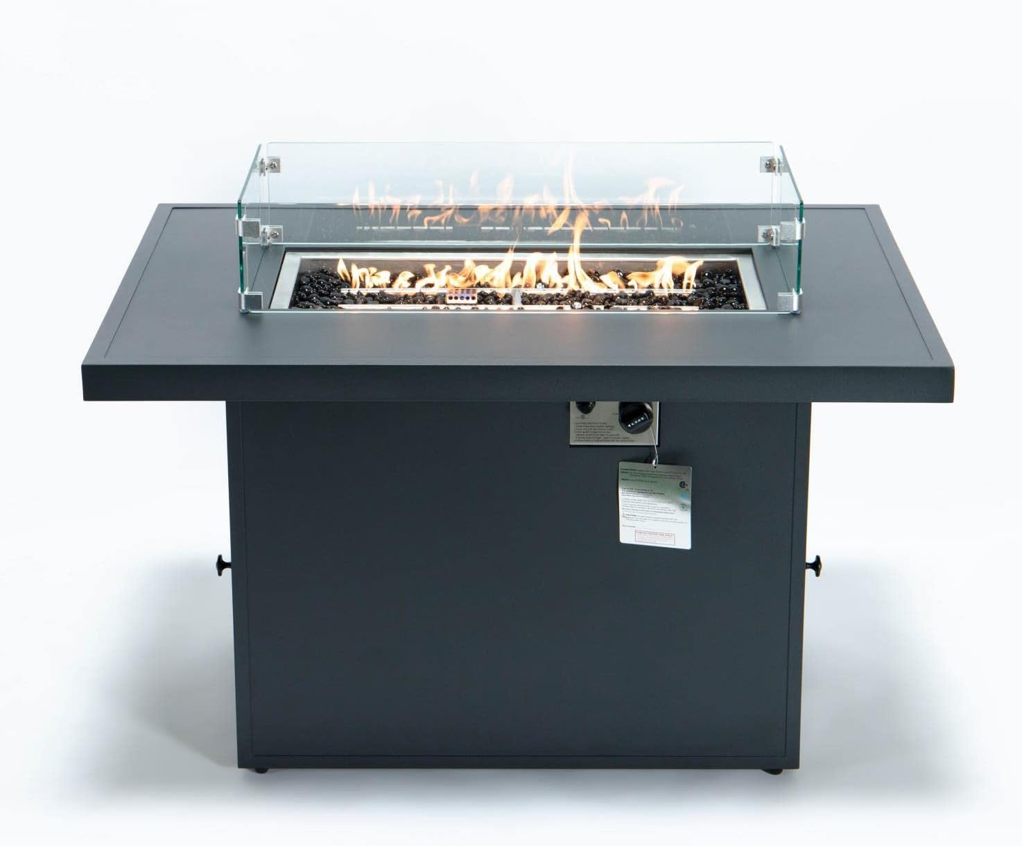 LeisureMod Chelsea Propane Fire Pit 44 Inch 55,000 BTU Auto-Ignition Gas Fire Pit Table with lid, Wind Guard and Decorative Stones Aluminum Frame