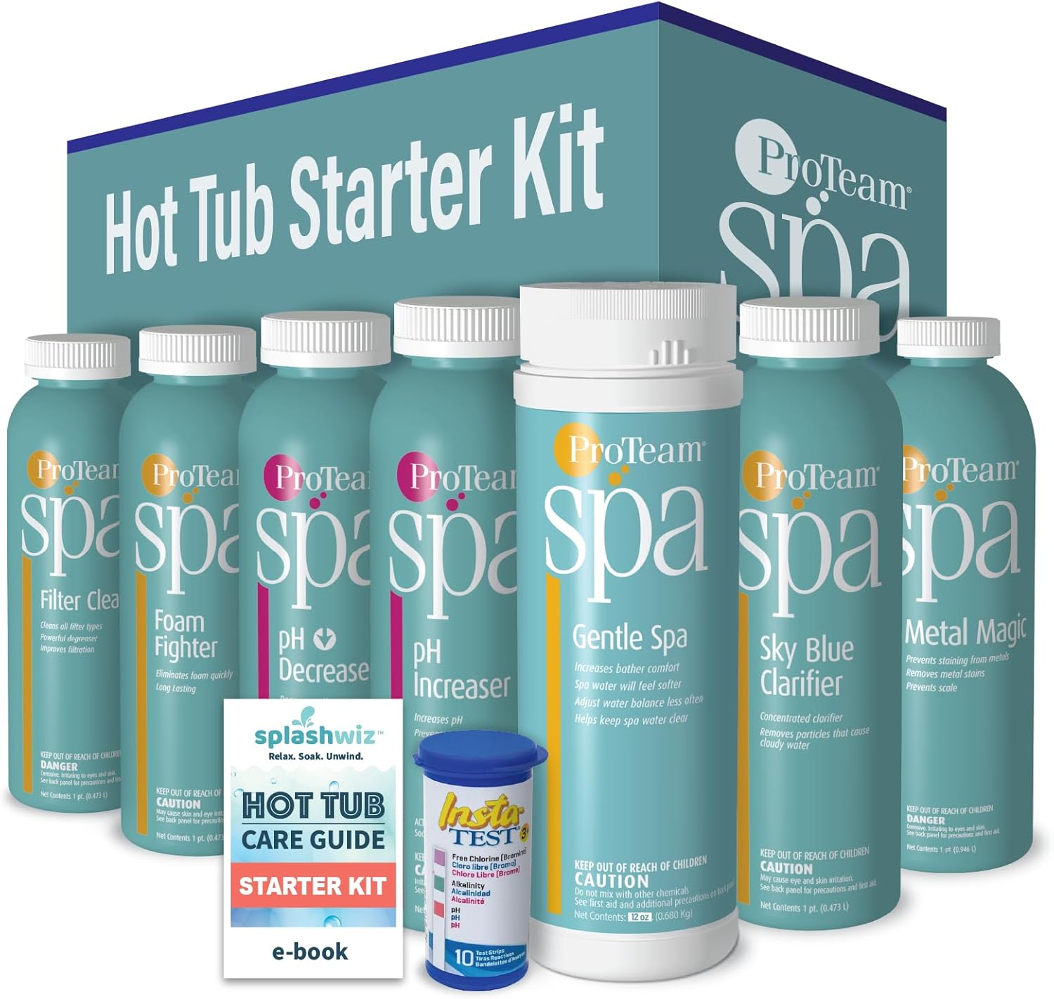 ProTeam Spa Hot Tub Chemicals Starter Kit – Complete Hot Tub Maintenance Kit for New & Inflatable Spas – Hot Tub Start Up Kit w/Gentle Spa, pH Control & Foam Fighter + SplashWiz Guide
