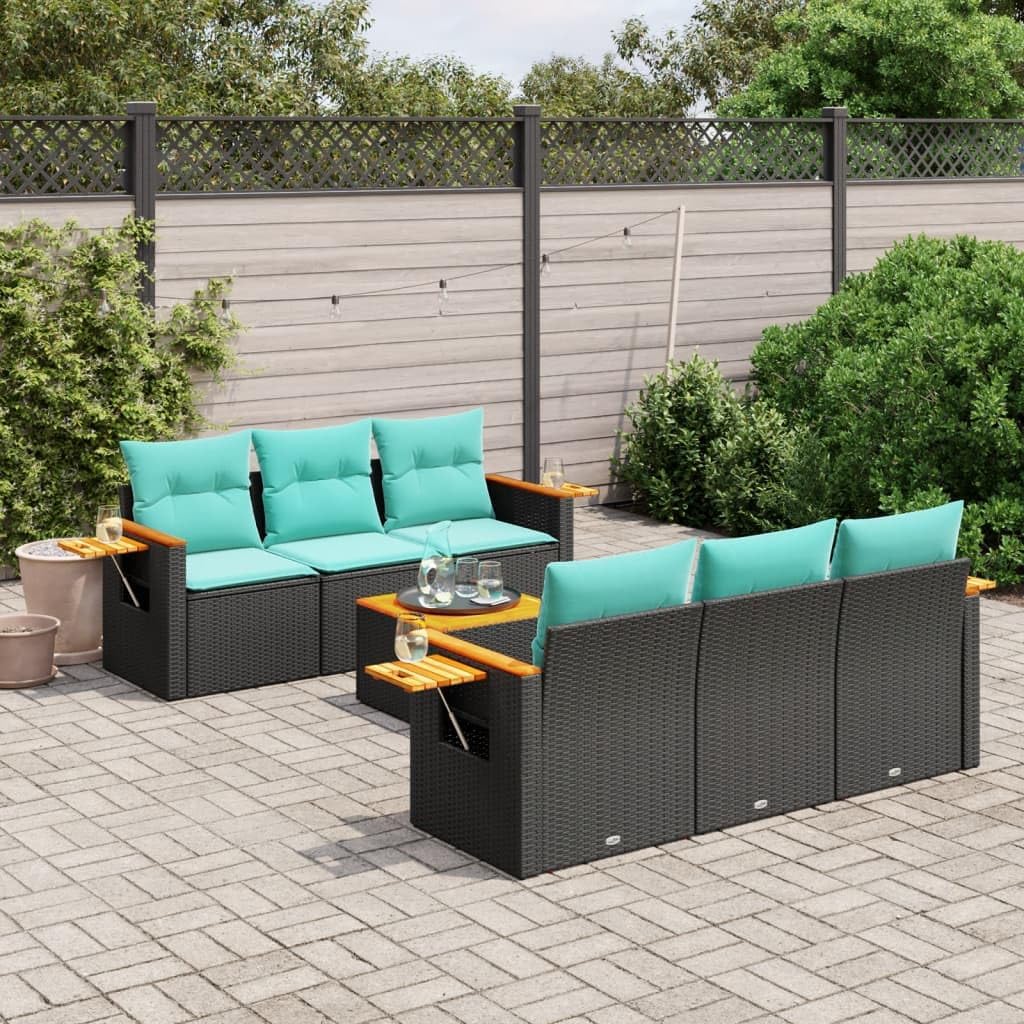 7 Piece Patio Sofa Set with Cushions, Black Poly Rattan Outdoor Furniture, Acacia Wood Tabletop, Modular Design for Garden Backyard