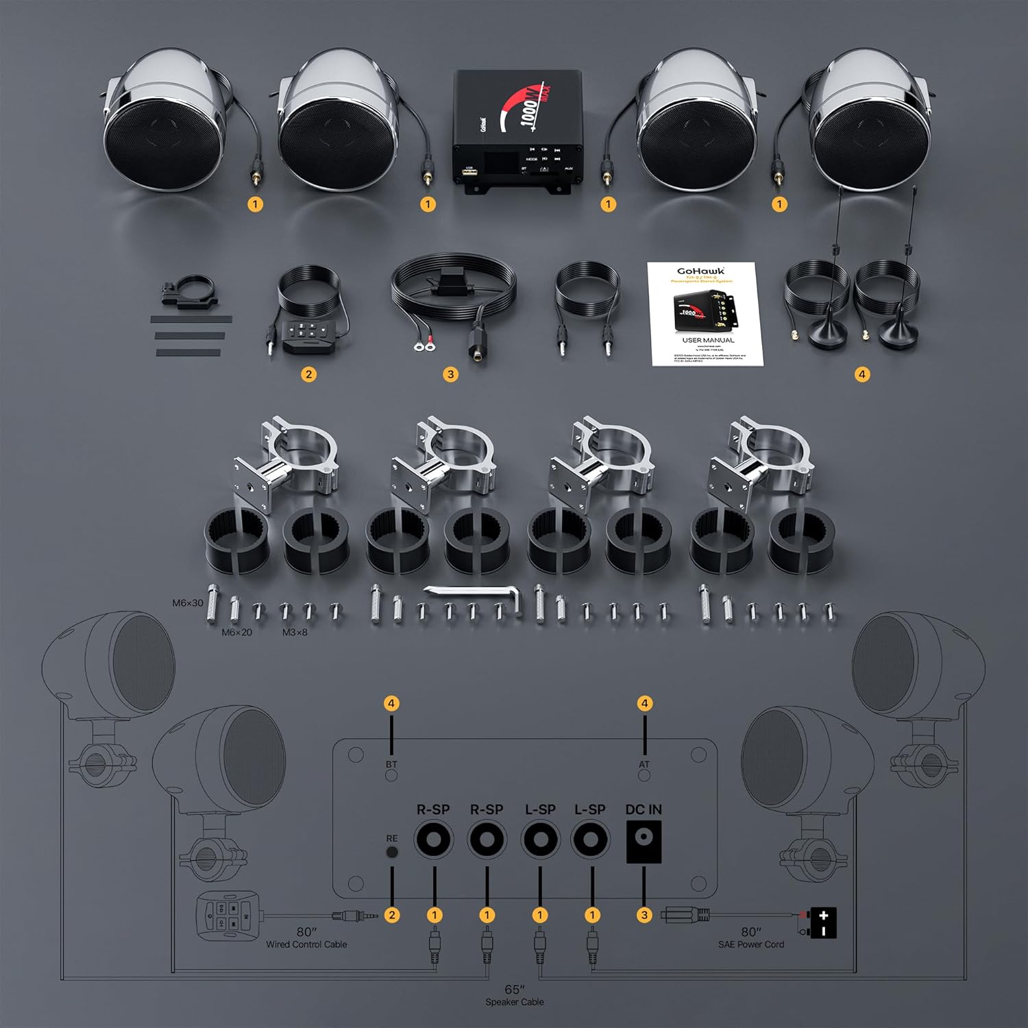 GoHawk Motorcycle Speakers and Amplifier Audio Sound System, 1000W Bluetooth Weatherproof 4 Inch Radio Audio System AUX USB SD FM Radio, Volume Control, ATV UTV Compatible