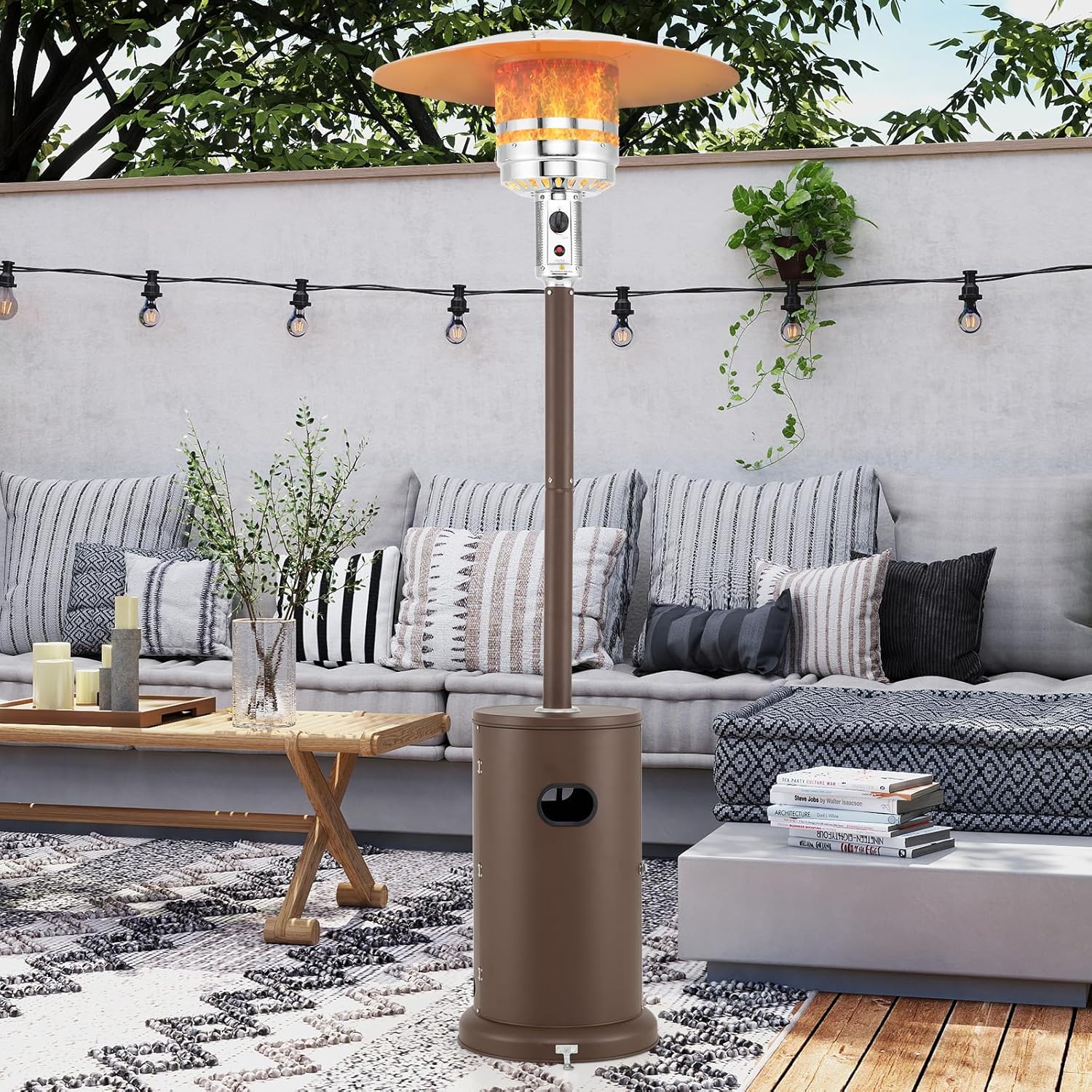 Tangkula 50,000 BTU Propane Outdoor Heater, Patio Heater with Strengthened Stainless Steel Burner, Tip-Over, Flame-Out Protection and Wheels, Outdoor Heaters for Patio (Brown)
