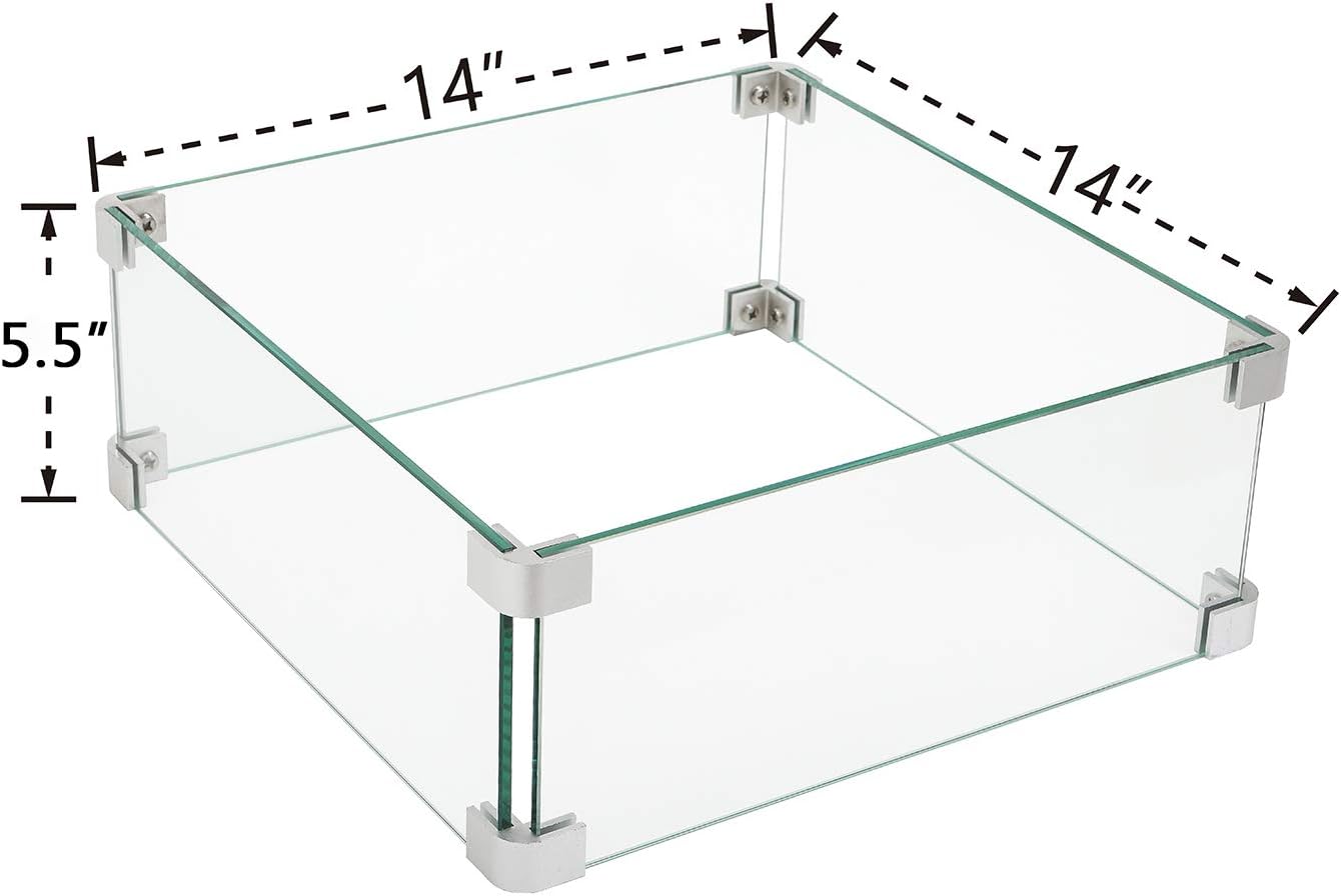 HOMPUS Square Glass Wind Guard,14x14x5.5 inches Tempered Glass for Outdoor Fire Pit Table