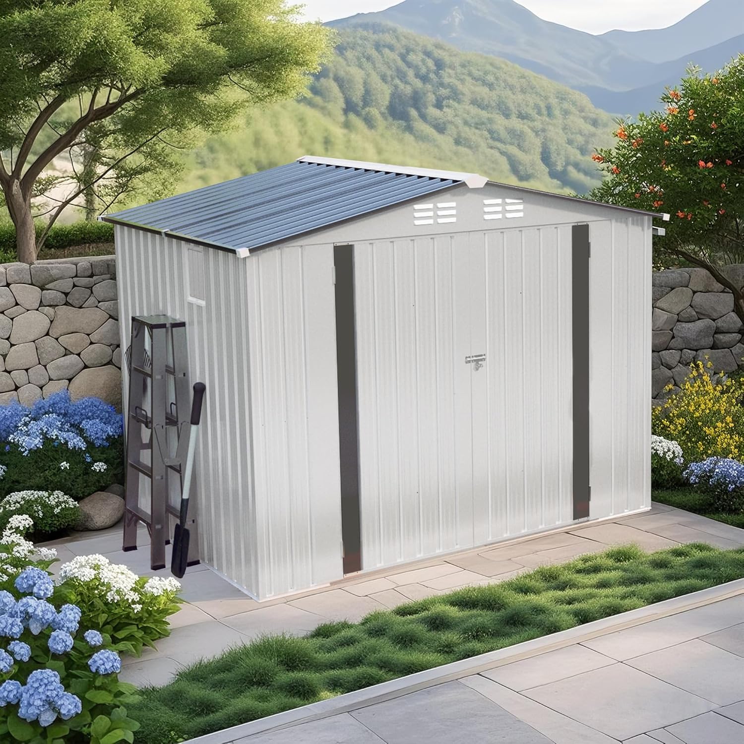8x6 FT Metal Outdoor Storage Shed, Waterproof Tool Shed with Lockable Door and Window, Galvanized Steel Garden Storage House with Sloped Roof for Tools, Bikes, Lawn Equipment, Backyard, White & Gray