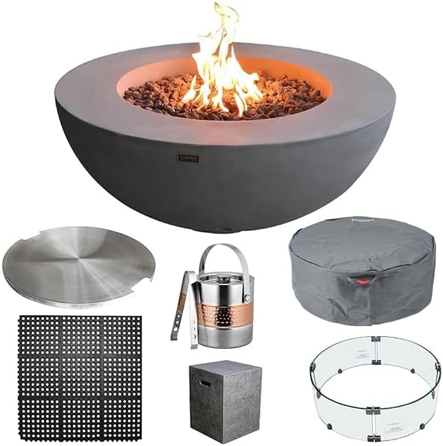Elementi Lunar Bowl Fire Pit Bundle Outdoor Firepit Set Includes 42” Propane Concrete Firepit, Glass Windscreen, Stainless Steel Cover, Tank and Canvas Cover, Floor Mat, Ice Bucket