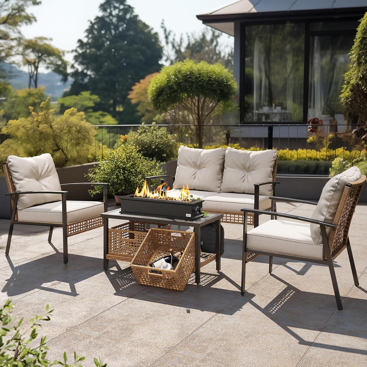 Onlyfire Loom X Propane Fire Pit Table with Stainless Steel Burner and Decorative Fire Glass Beads - 28 Inch Rectangular Tabletop Gas Fireplace (Side Connected)