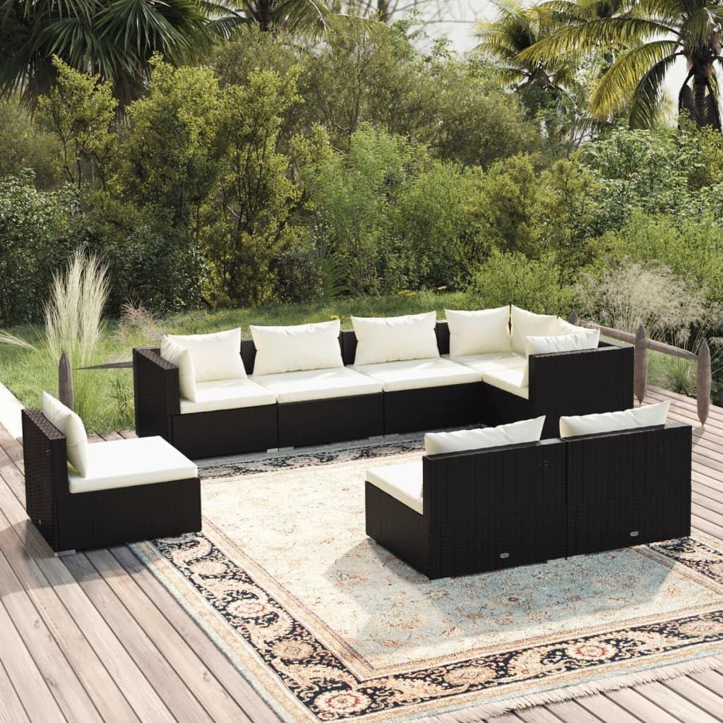 8 Piece Patio Lounge Set with Cushions Poly Rattan Black,AllWeather Modular Poly Rattan Patio Lounge Set for Comfortable Outdoor Relaxation Patio Furniture Sets, Outdoor Furniture Sets