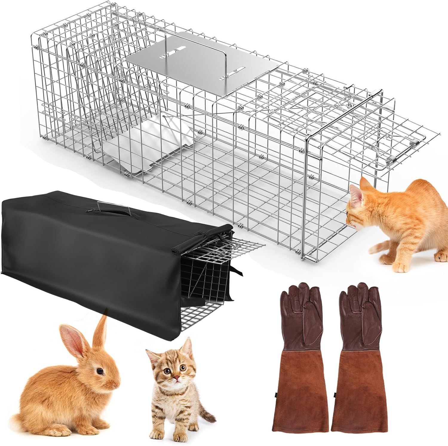 iMounTEK Humane Animal Trap with Waterproof Cover and Gloves- 31x12x11 inches Folding Live Animal Trap Cage Easy to Catch& Release for Rabbit Cats Squirrel Skunk Small Raccoons Groundhog Armadillos
