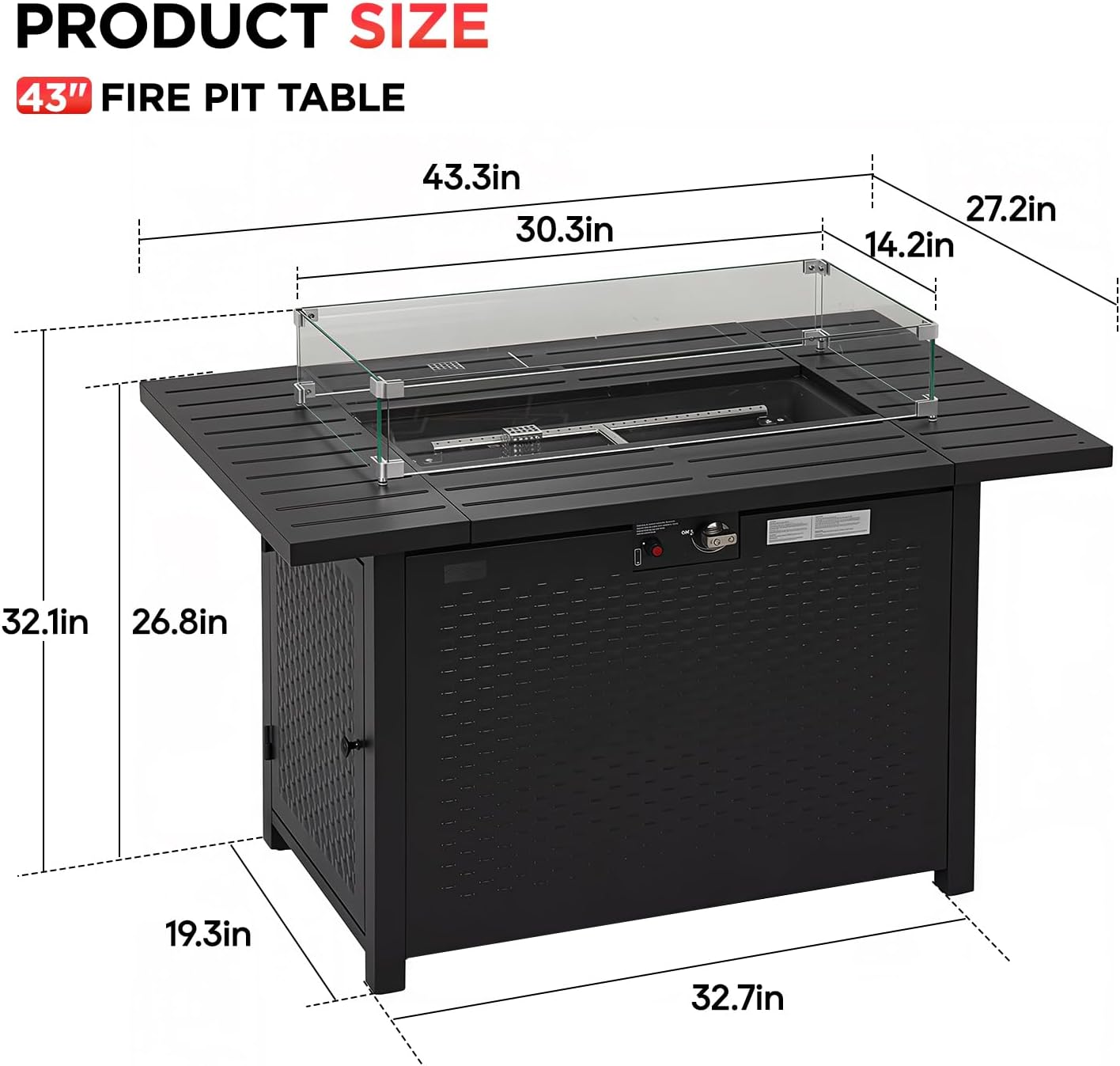 FDW 43 Inch Outdoor Propane Fire Pit Table with Glass Wind Guard, Rectangular Patio Fire Table, 50,000 BTU Smokeless Gas Firepit for Backyard, Garden & Poolside