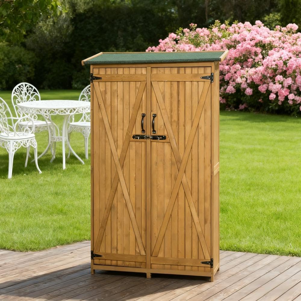 GOWE Wooden Garden Storage Outdoor Storage Cabinet Wooden Garden Shed Utility Tool Organizer with Waterproof Asphalt Rood, Lockable Doors
