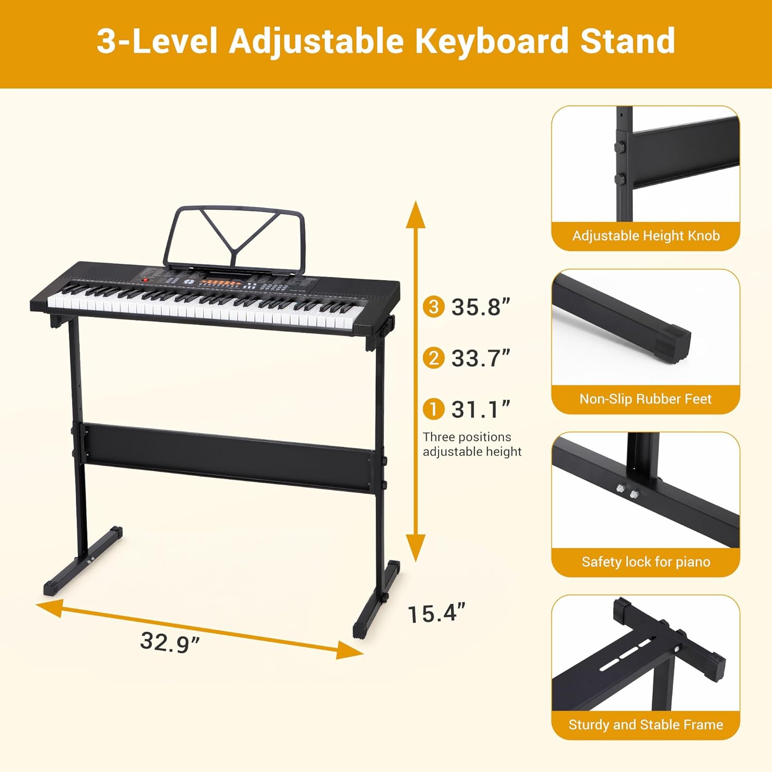 ZENY 61-Key Portable Electric Keyboard Piano with Built In Speakers, LED Screen, Headphones, Microphone, Piano Stand, Music Sheet Stand and Stool