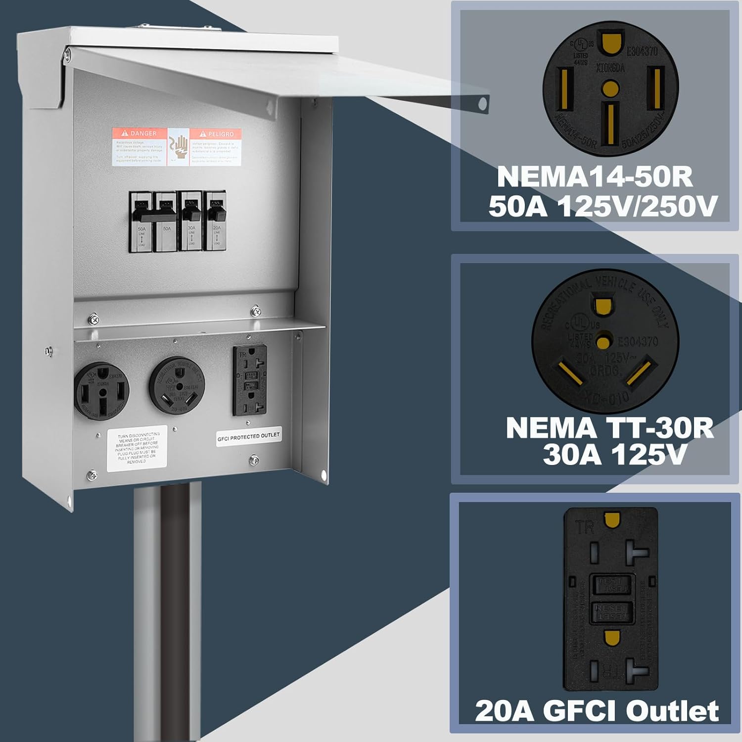 Electrical Outlet Boxes Temporary Power Panel Weatherproof RV Receptacle Box with 30 50 Amp Breaker 20 Amp GFCI Outlet Outdoor Panel for RV Camper Car Travel Generator Motorhome (Update)