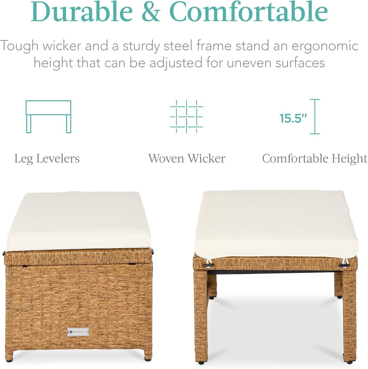 Best Choice Products Set of 2 Wicker Ottomans, Multipurpose Outdoor Furniture for Patio, Backyard, Additional Seating, Footrest, Side Table w/Removable Cushions, Steel Frame - Ivory/Natural