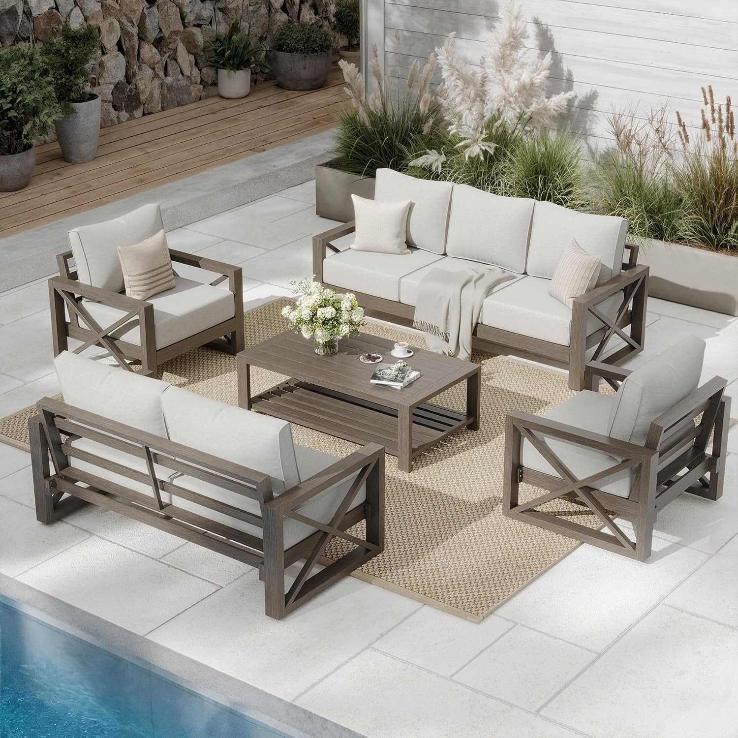 UDPATIO 5 Piece Aluminum Patio Furniture Set Faux Wood Grain Modern Outdoor Furniture Patio Conversation Set with 6