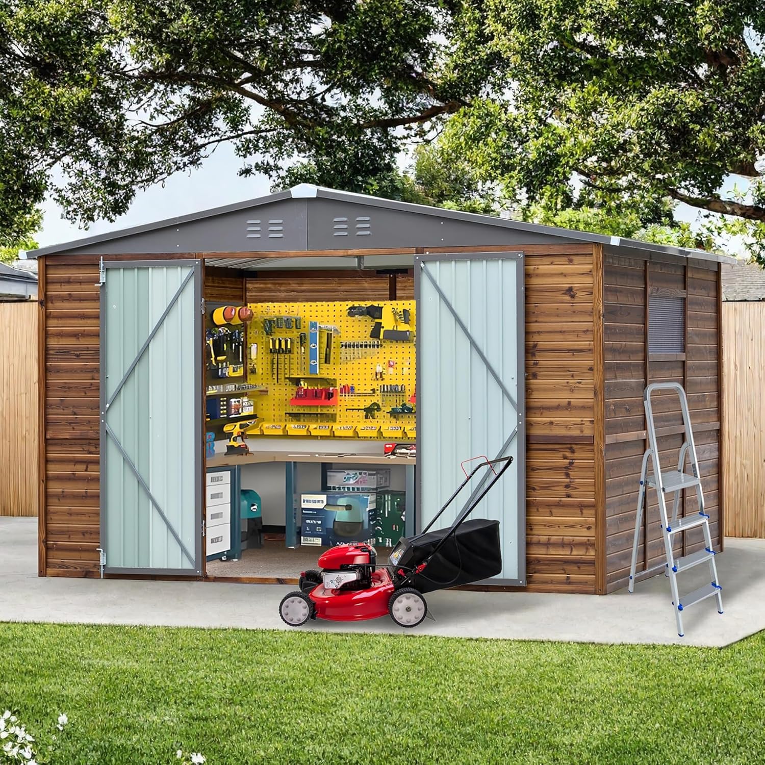 8x10 FT Outdoor Storage Shed with Windows, Wood & Metal Tool Shed Waterproof Storage House for Outside Patio, Garden, Backyard, 4 Vents (Without Floor) Wood Color