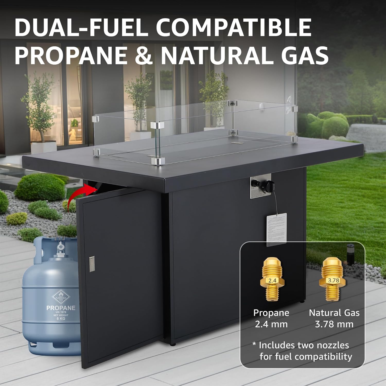 NICESOUL 43'' Aluminum Fire Pit Table, 60,000 BTU Propane/Natural Gas Outdoor Firepit with Wind Guard & Glass Rocks, All-Weather Rectangular Fireplace for Outside Patio CSA-Certified, Ember Black