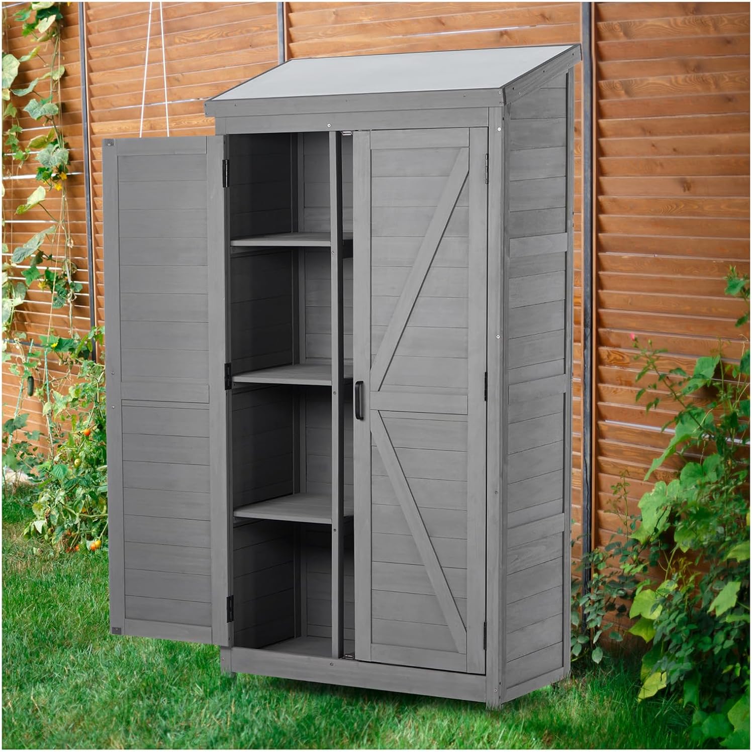 Large Outdoor Storage Wood Garden Shed Cabinet and Metal Top 68 Inches Tall Shed for Yard and Patio