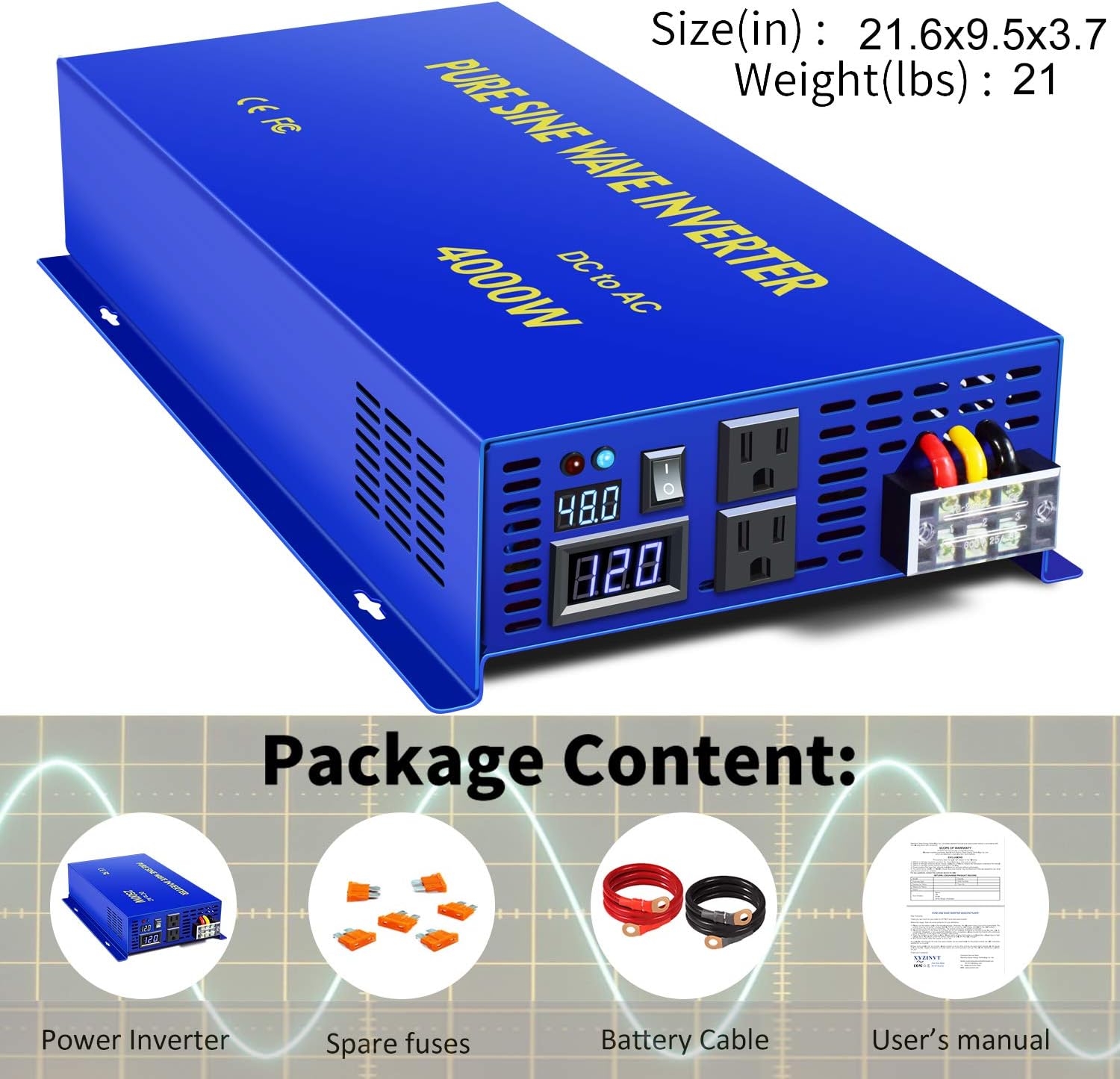 4000W Pure Sine Wave Inverter 48V DC to 120V AC Surge 8000 Watt Power Converter Generator with Wireless 100ft Remote Control for Solar System, Home Grid Off, Camping, RV. (4000W 48V 120V)