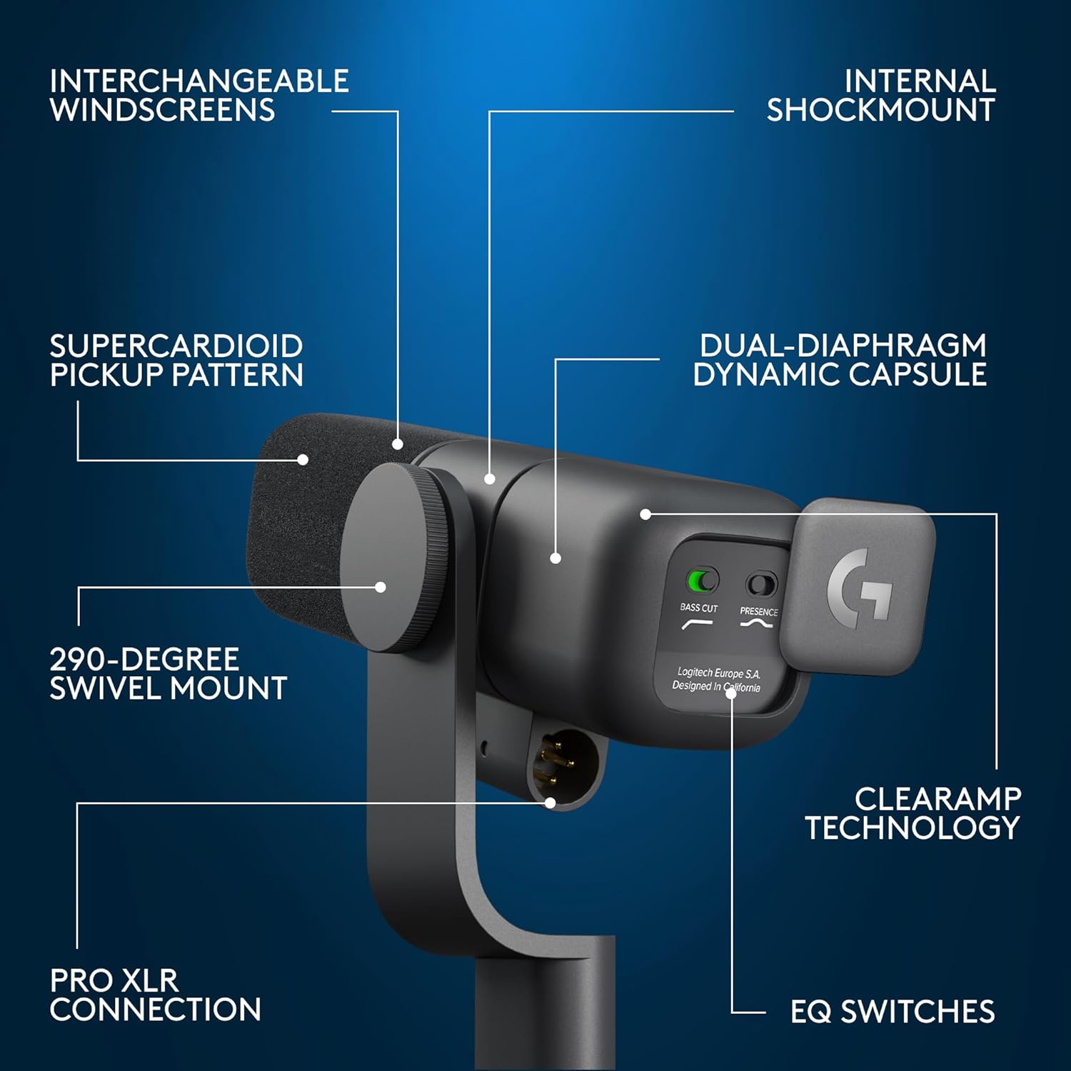 Logitech G Yeti Studio Active Dynamic XLR Broadcast Microphone for Gaming, ClearAmp Active Preamp, Dual-Diaphragm Capsule, Internal Shockmount - Black