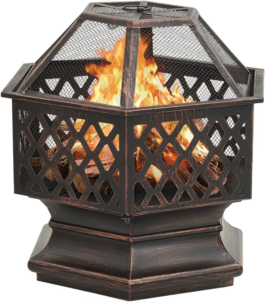 Outdoor Fire Pits,Bonfire Pit,Camping Fire Pit,Rustic Fire Pit,with Spark Screen,Log Grate,Pokerwith Poker for Outside Garden Bonfire Party and Patio 24.4x21.3 x22 Steel