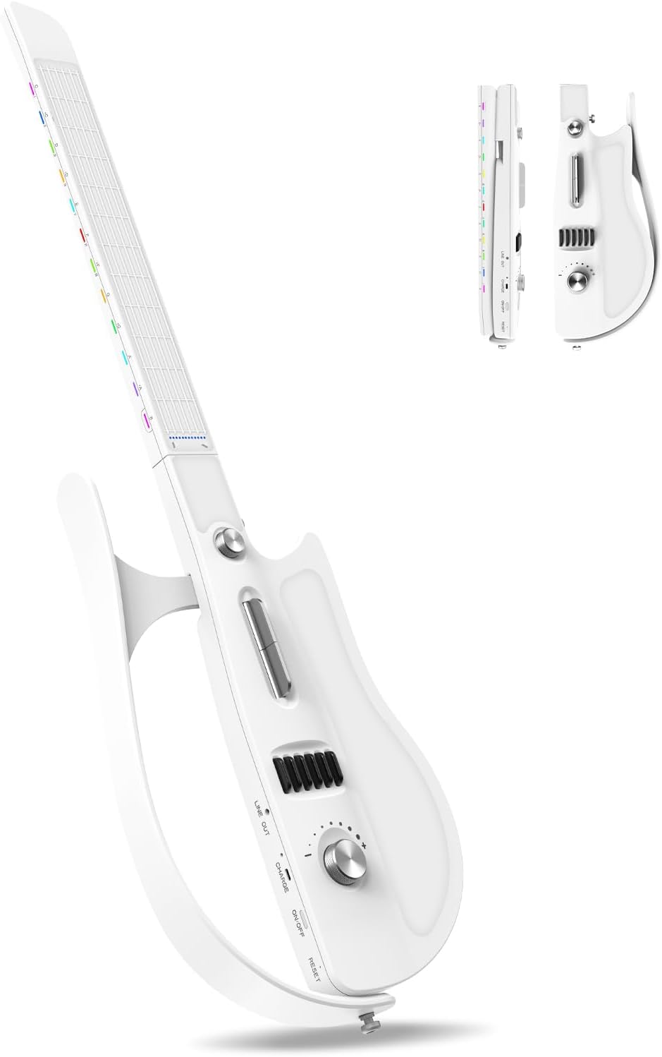 Stringless Electric Smart Guitar,Foldable & Portable Built-in Drum Machine & Bassline Travel Backing Guitarra for One-Man Band,Chord Generator (Entirely White)