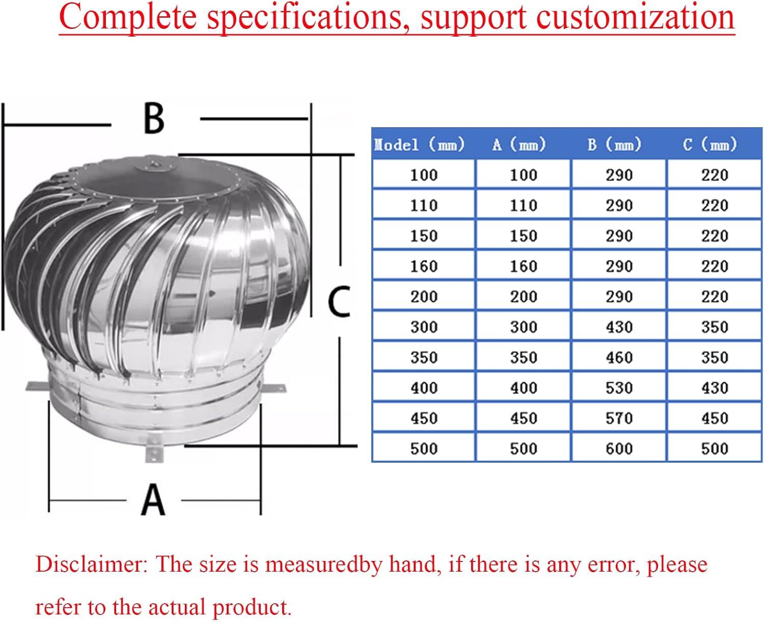Turbine Ventilator Stainless Steel Rotating Chimney,Spinner Anti Downdraught Chimney,Cowl Cap with Claw Base Energy Saving,for Houses Factory Attic Farm (100mm)