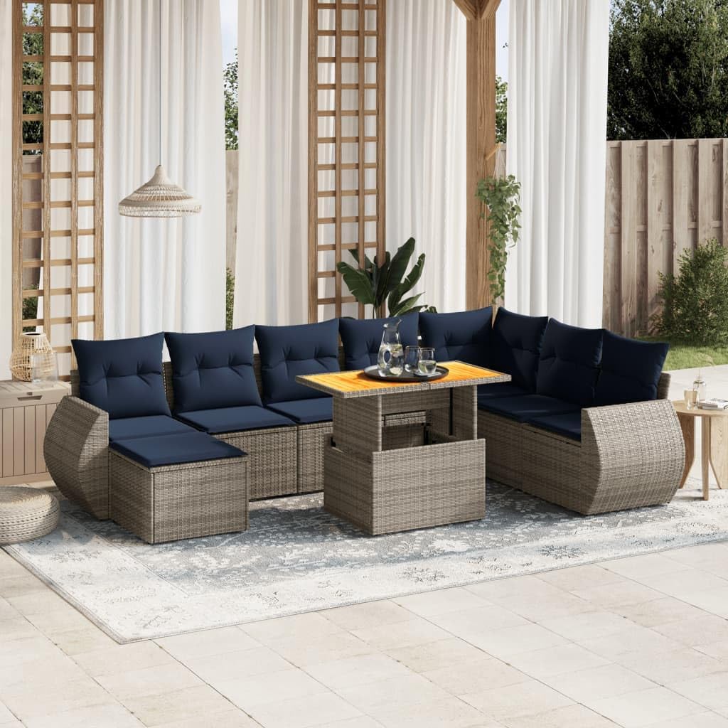 9 Piece Patio Sofa Set, Gray Poly Rattan Outdoor Furniture with Cushions, Adjustable Dining Table, Modular Design for Backyard, Terrace