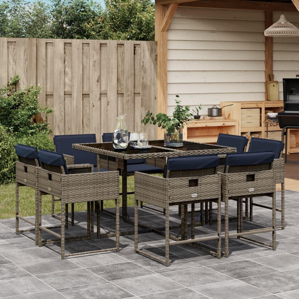 9 Piece Patio Dining Set with Cushions Gray Poly Rattan,Versatile Outdoor Furniture Set: Elegant and Durable for Alfresco Dining and Relaxation Furniture Sets for Patio, Lawn & Garden