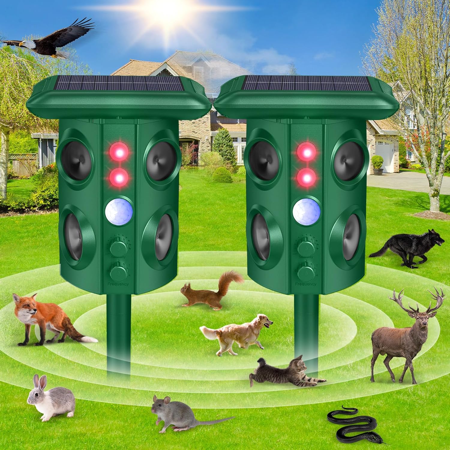 Solar Animal Repellent Outdoor with Vibration and Motion Sensor, Waterproof with Flashing Light, Ultrasonic Pest Repellent for Snakes, Moles, Cat, Dog, Squirrels, Deer, Raccoons, Coyotes, Rabbit