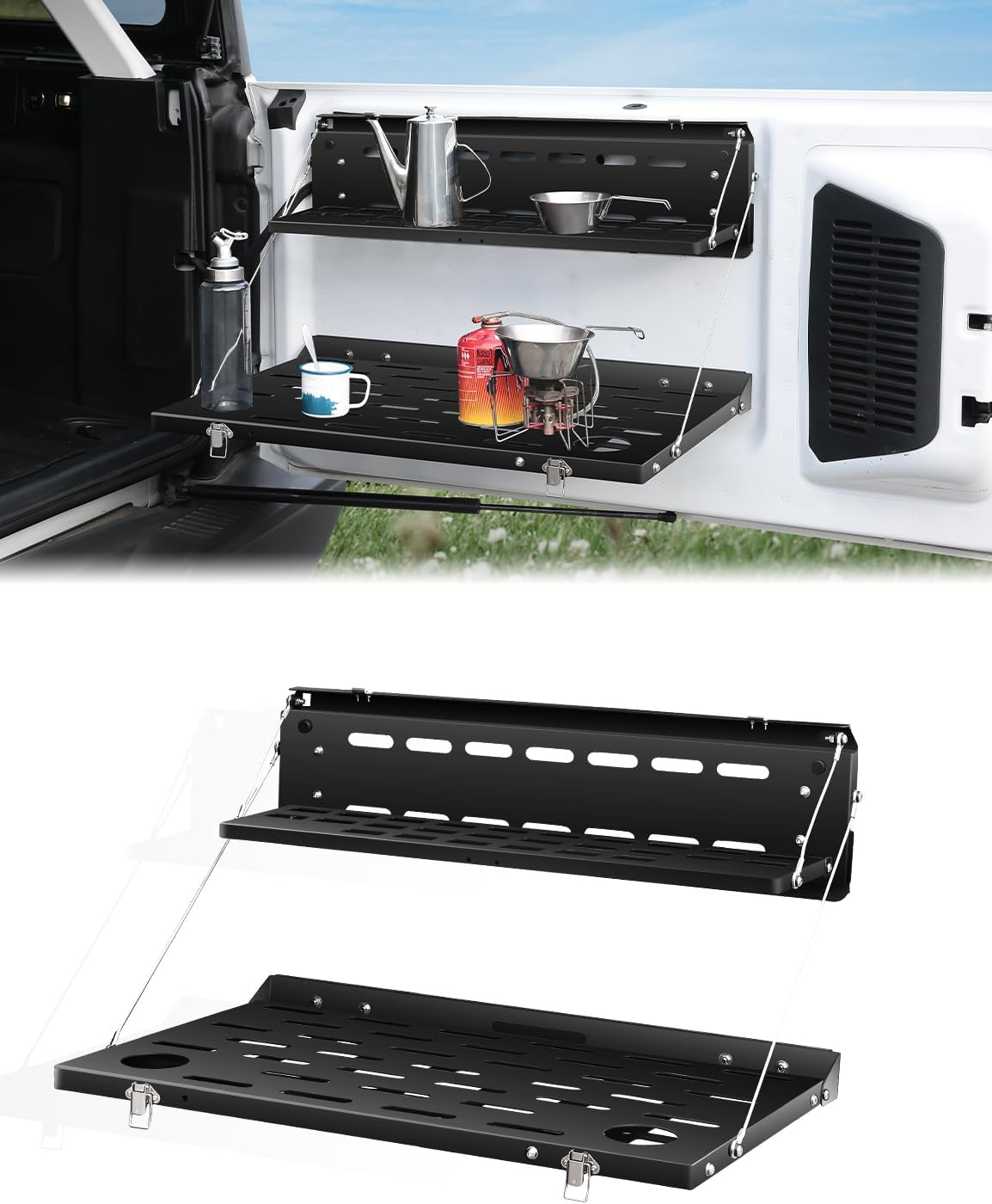 JROAD Bronco Double Layer Tailgate Table for 2021 2022 Ford Bronco 2/4 Door Rear Foldable Cargo Shelf Storage Shelf MOLLE Panel Bronco Accessories