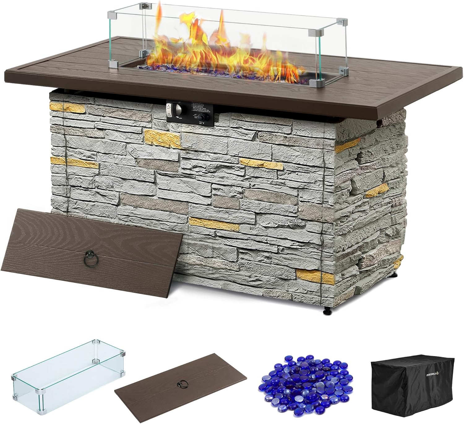PIZZELLO 43 Inch Propane Fire Pit Table Outdoor Stone Firepit Table Rectangular 50000 BTU Propane Fire Tables for Outside Patio with Wind Guard, Table Lid, Fire Beads, Cover,Pizzello Caldo (Gray)