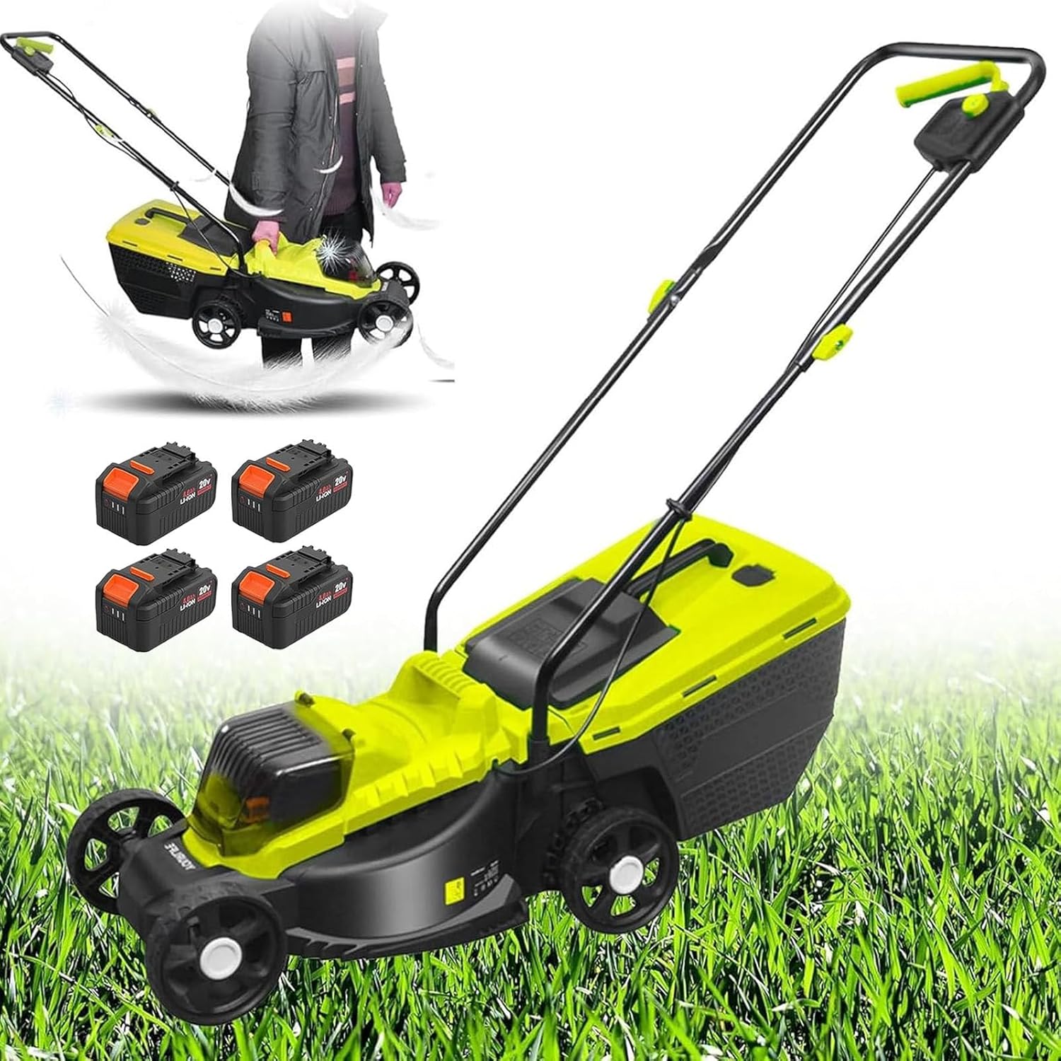 Push Lawn Mower, 1600W Ultra-Light Lawn Mower Battery Powered, Self Propelled Electric Lawn Mower, 50Min Runtime, 10.6 Gallon Grass Bag, 30mm/50mm/70mm-Position Height Adjustment,Battery*4