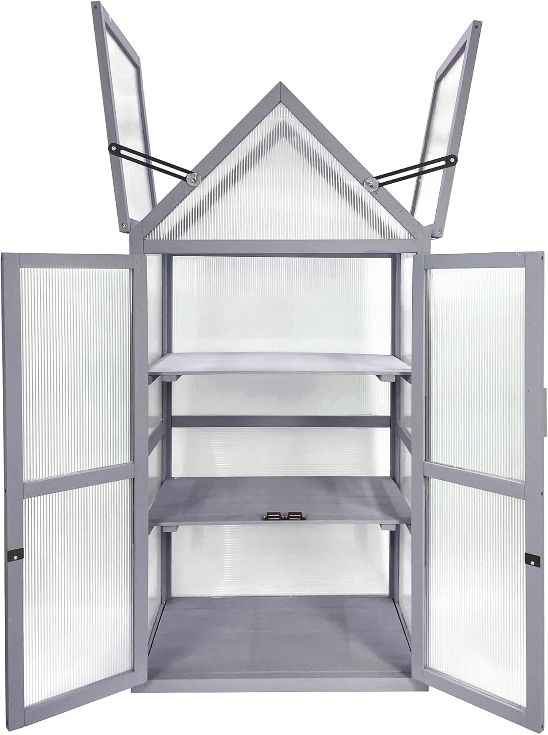 Mini Greenhouse Kit Outdoor – Wooden Cold Frame Growhouse with Adjustable Shelves, Double Doors, UV-Treated Polycarbonate Glazing for Garden, Patio, Balcony, Indoor & Outdoor Plant Protection (Gray)