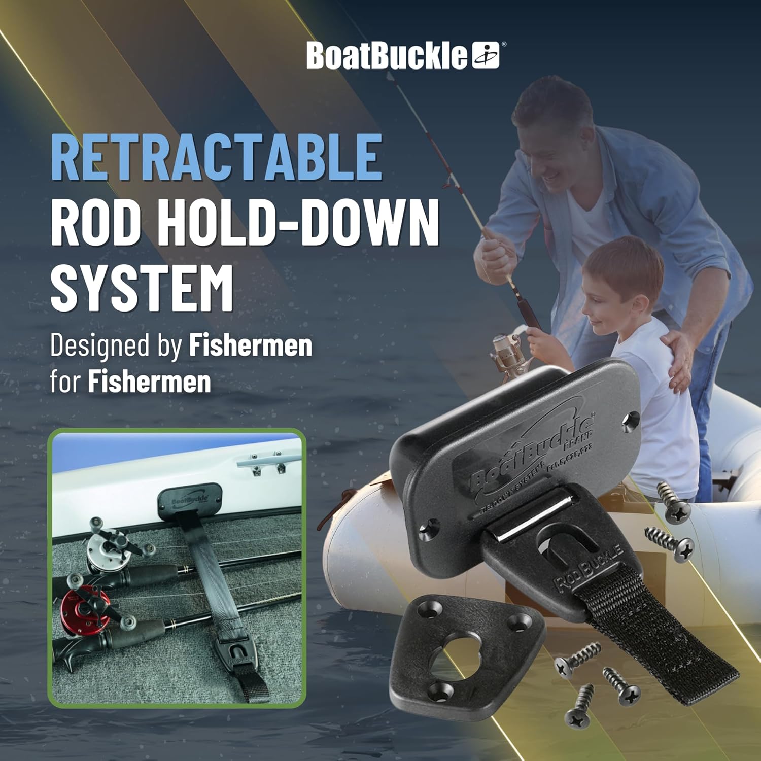 BoatBuckle Gunwale/Deck Mount Retractable Rod Tie-Down, 24-Inch Self-Retracting Fishing Rod Holder for Boats