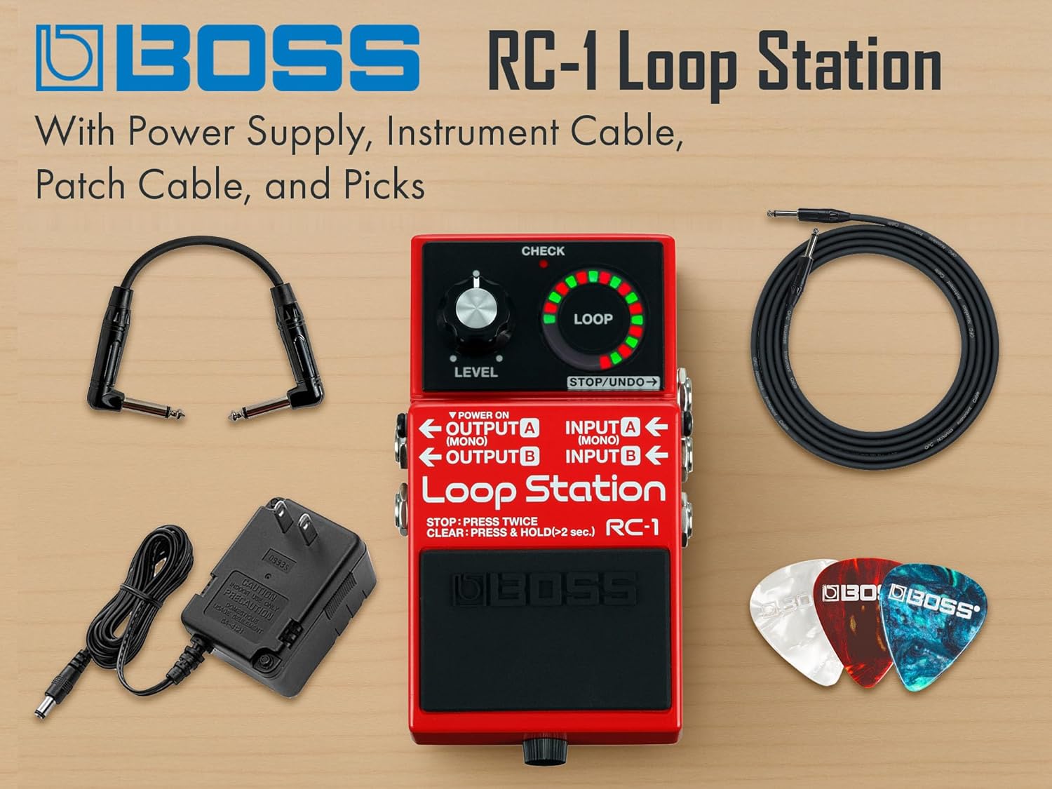 Boss RC-1 Loop Station Bundle with Gearlux Power Supply, Instrument Cable, Patch Cable, and Picks