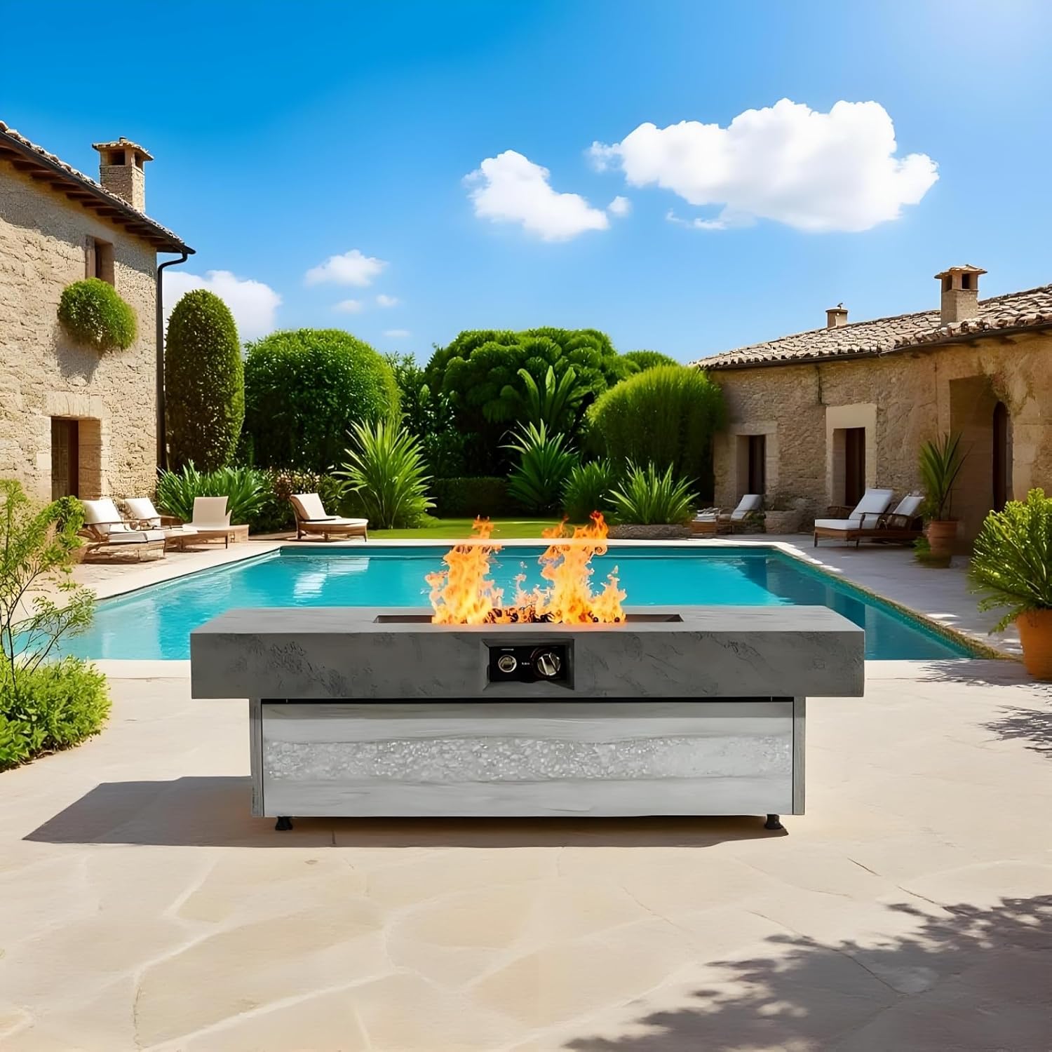 Outdoor Firepit Table, Black Rectangle Propane Fire Pits Table with 2 Height Options, 50000 BTU, Clear Glass Stones, Removable Lid & Waterproof Cover, 48