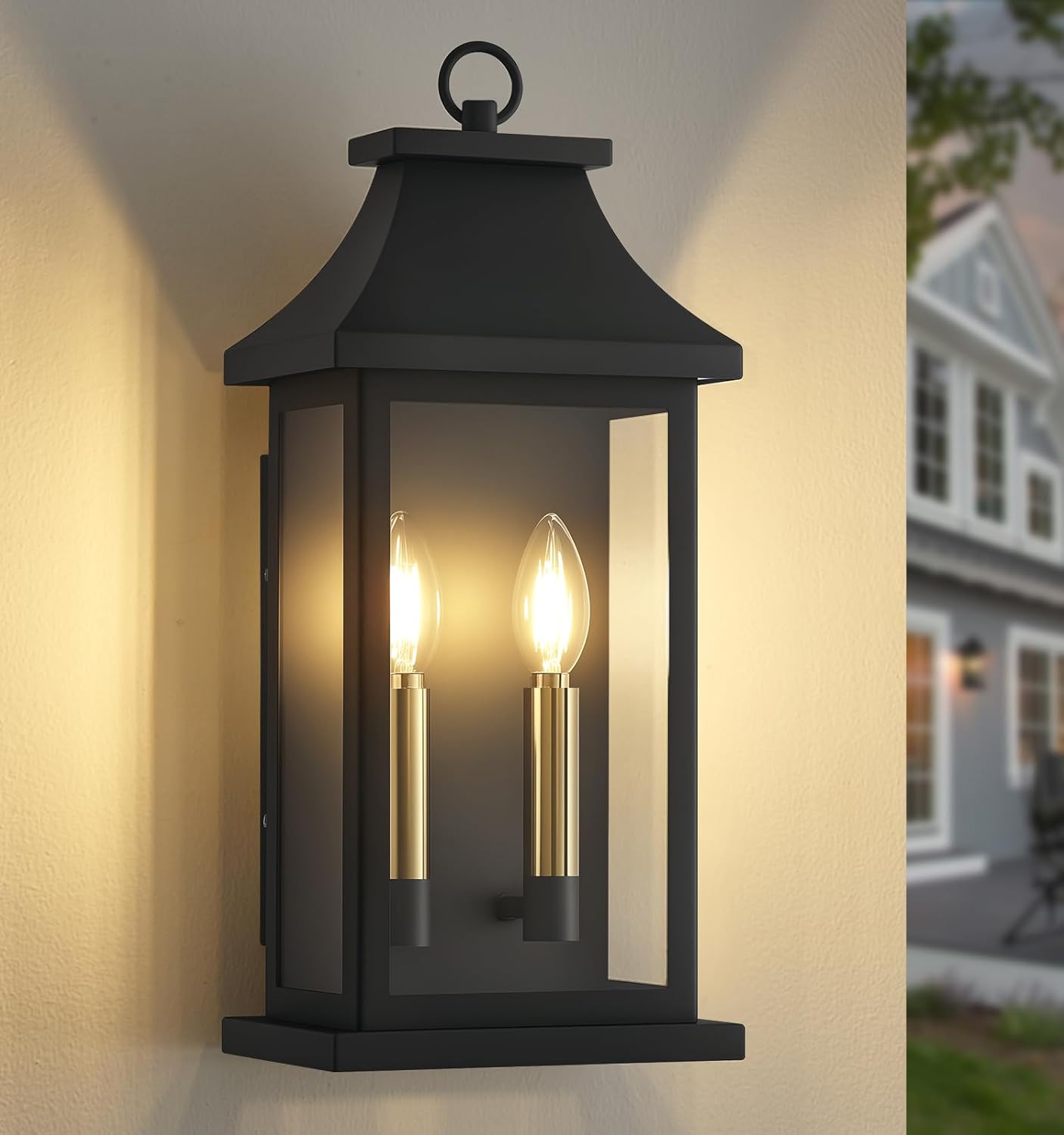 tewei 2-Light Black Outdoor Light Fixture, Porch Light Outdoor Wall Sconce Lantern, 18'' Exterior Lighting Fixture Wall Mount E12 Gold Base, Outside Light for House Backyard Garage, 1-Pack