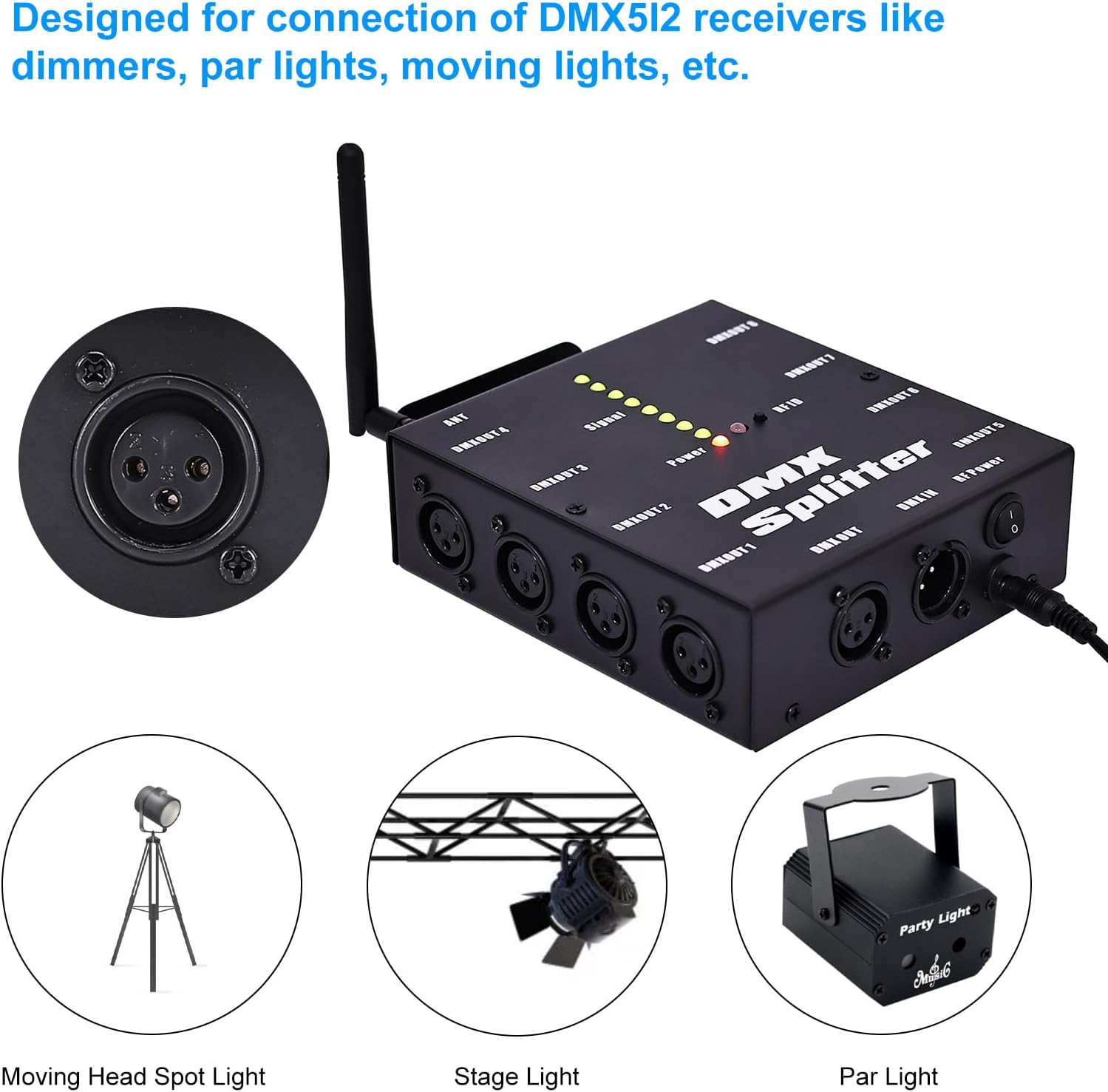 Lixada DMX512 Wireless Lighting Signal Amplifier XLR DMX Splitter Distributor Signal Decoder 8-channel Signal Output for KTV Lighting Bar Lighting Wedding Lighting