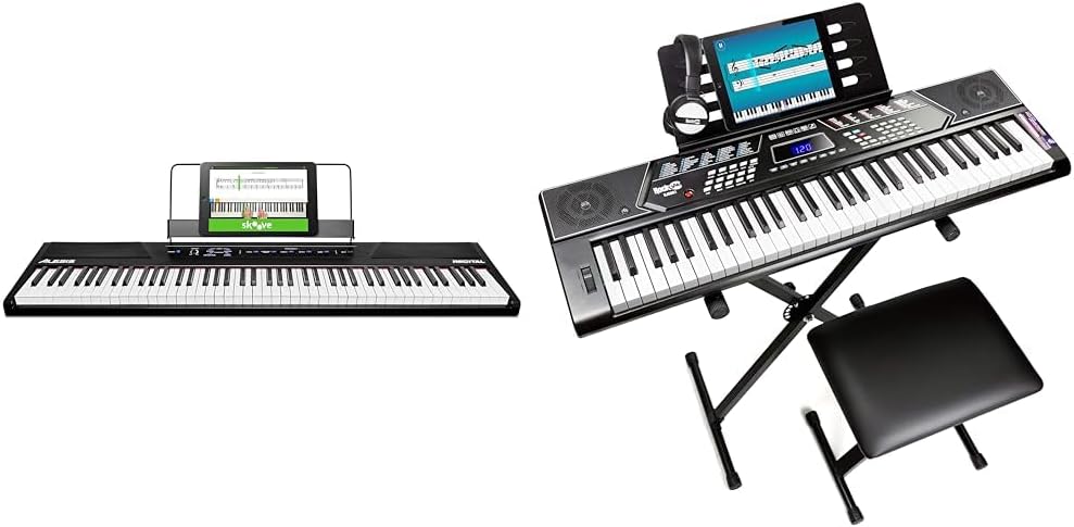 Alesis Recital – 88 Key Digital Piano Keyboard with Semi Weighted Keys & RockJam 61 Key Keyboard Piano Stand With Pitch Bend Kit, Piano Bench, Headphones, Simply Piano App & Keynote Stickers