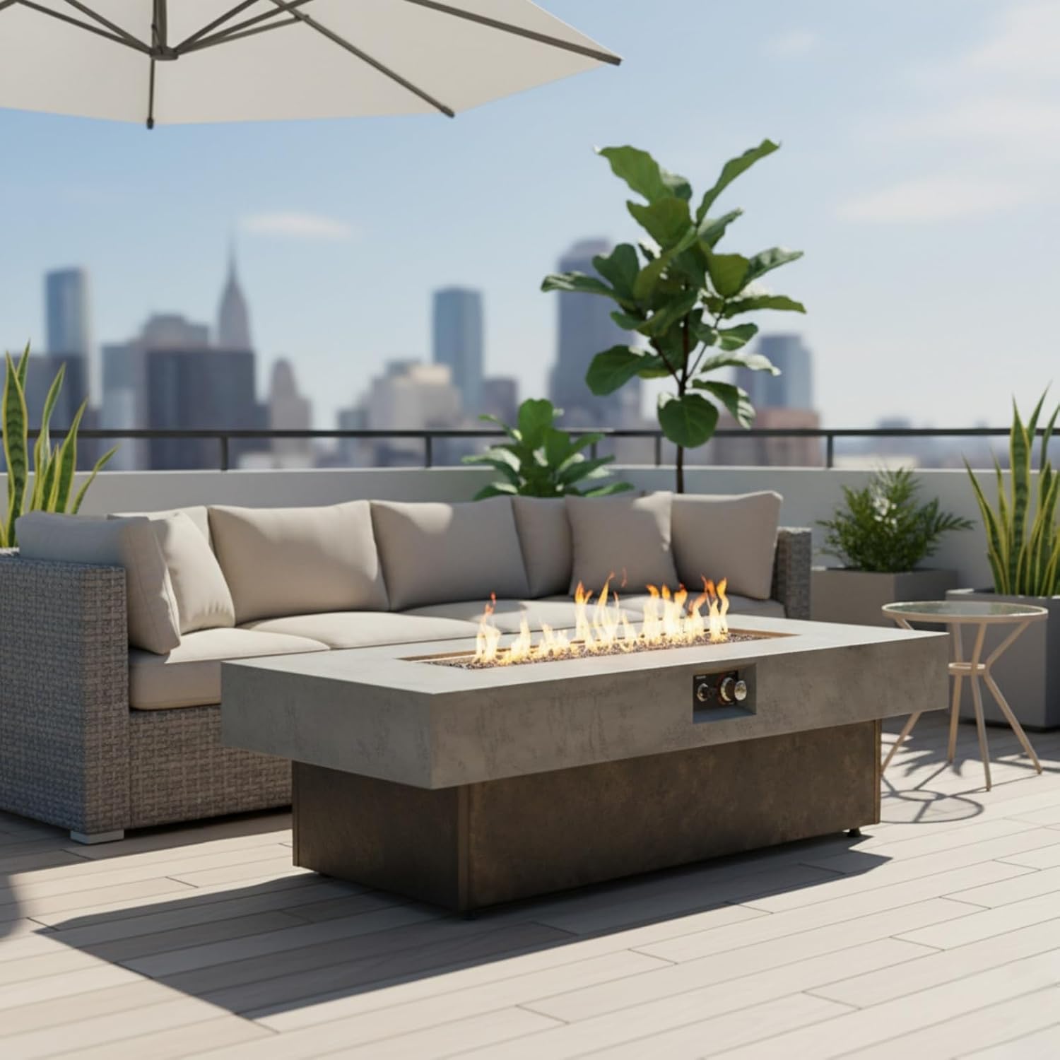 Tabletop Propane Fire Pits, Brown+Gray Rectangle Outdoor Firepit Table with 3 Height Options, 50000 BTU, Electronic Ignition, Decorative Glass & Lid, 55