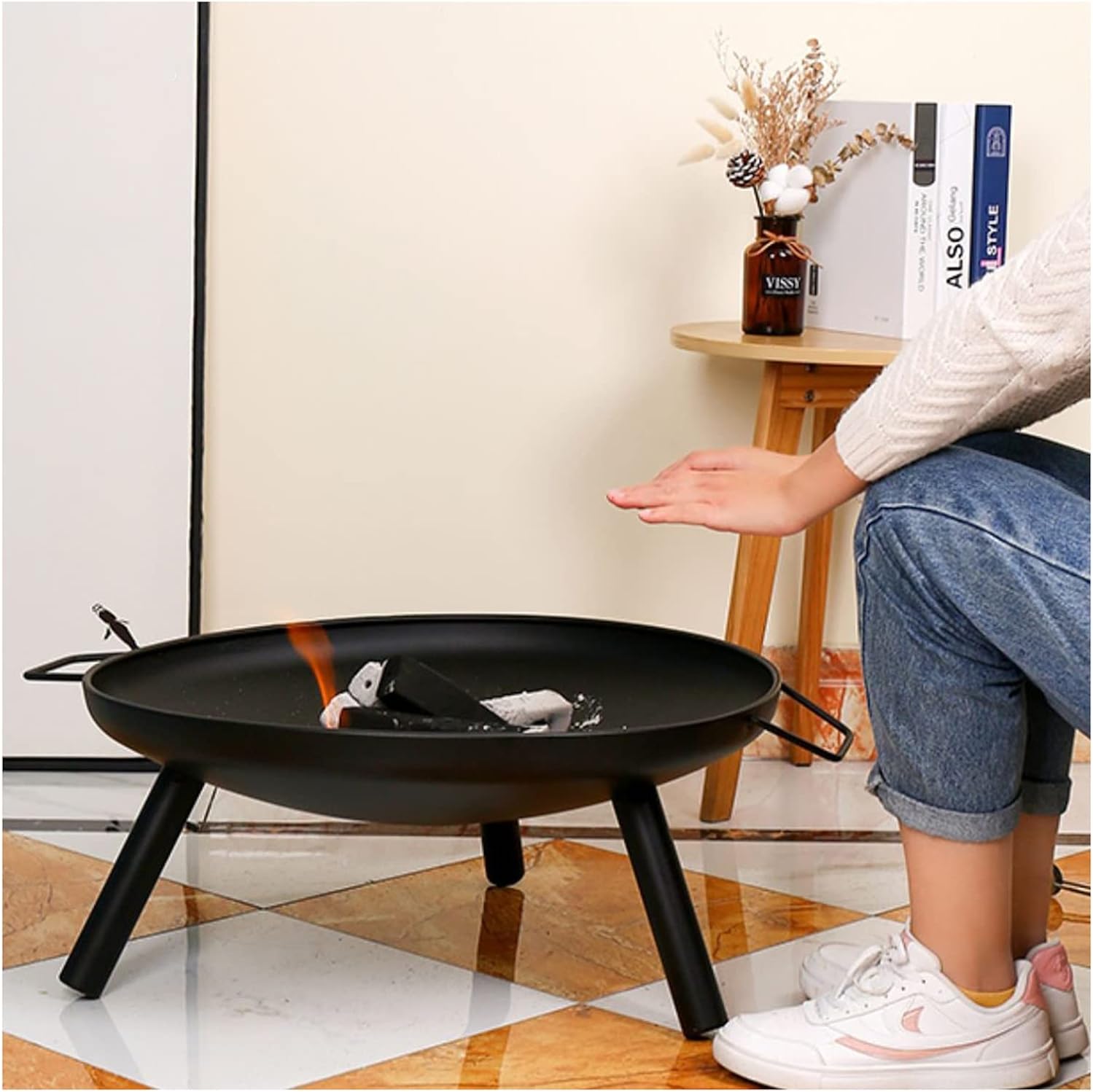 LXLZYXSF Winter Indoor Wood Burning Fire Pit, Iron Outside Fire Bowl Stove for Patio Porch Deck Yard Garden, Bonfire Party, Camping, Picnic (Color : with Grate)