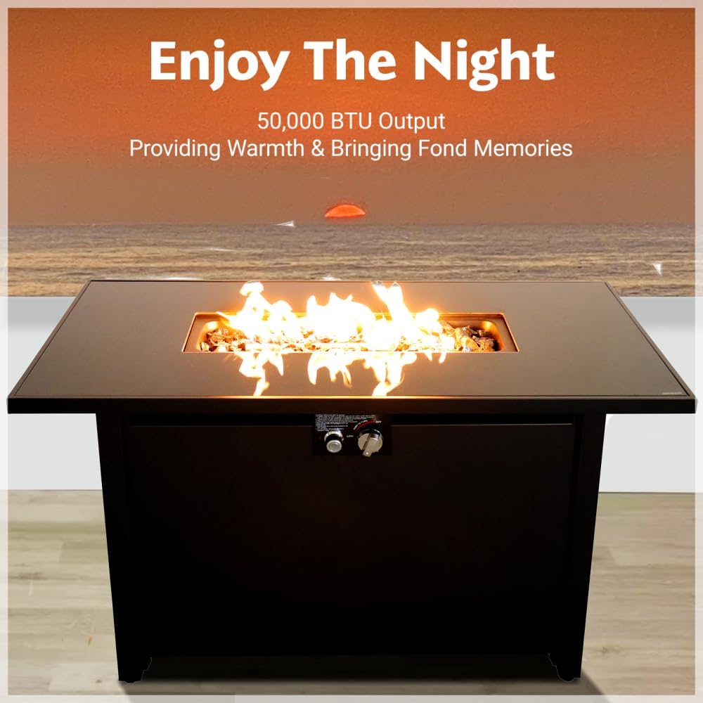 42 Inch Steel Outdoor Fire Pit Table with Lid and Lava Rocks, Propane Gas Firepit for Patio Garden Backyard with Glass Wind Guard
