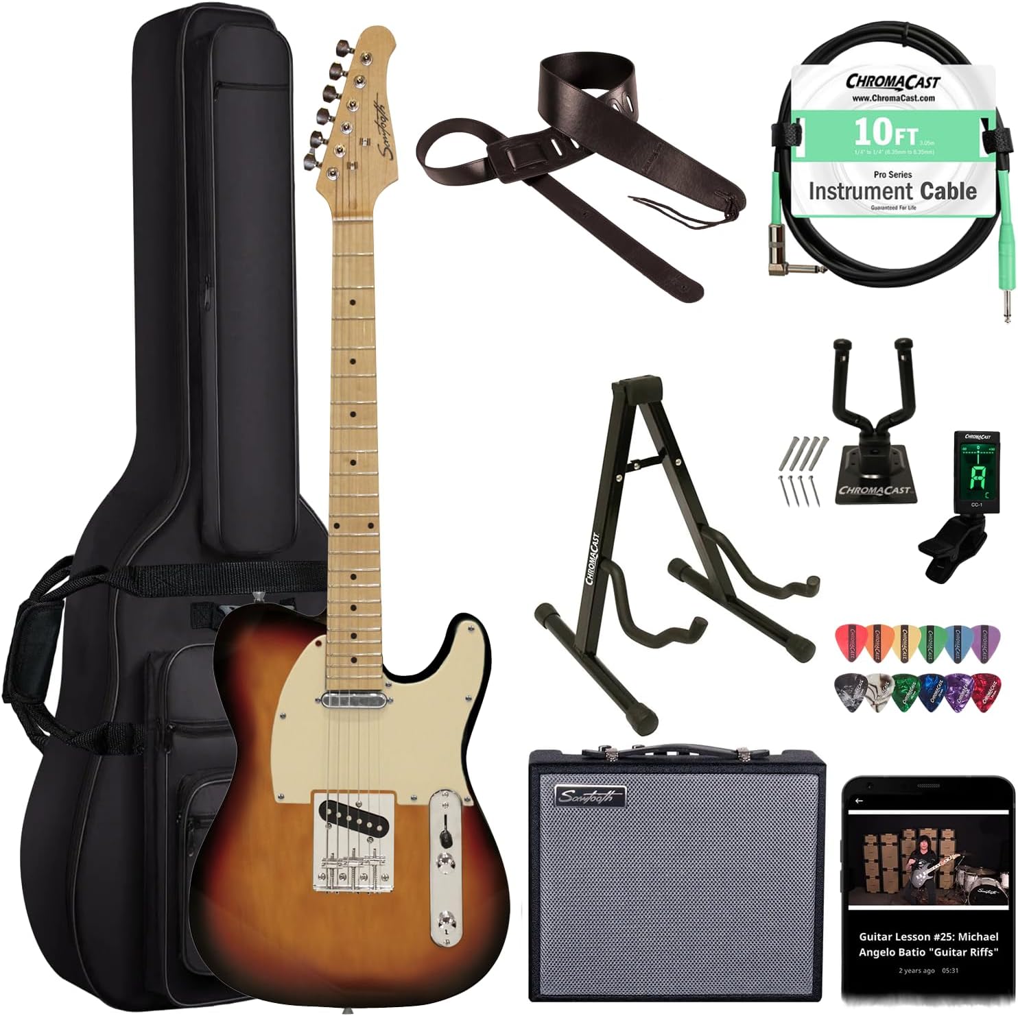 Sawtooth Sunburst ET Series Electric Guitar w/Aged White pickguard - Includes: Accessories, Amp & Gig Bag