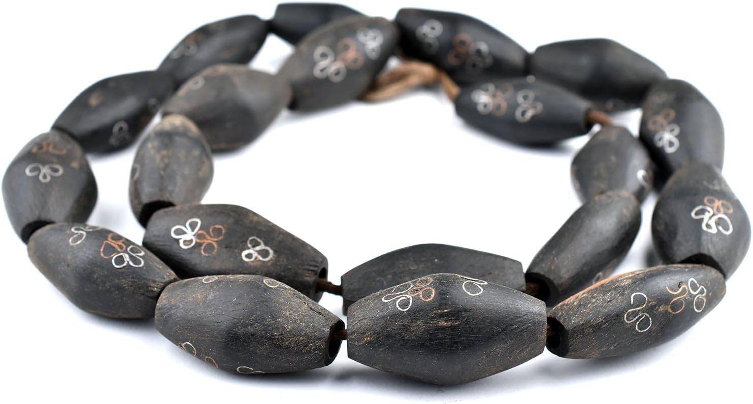 The Bead Chest Mauritanian Inlaid Ebony Wood Bicone Beads 34x20mm African Black Large Hole 30 Inch Strand Handmade